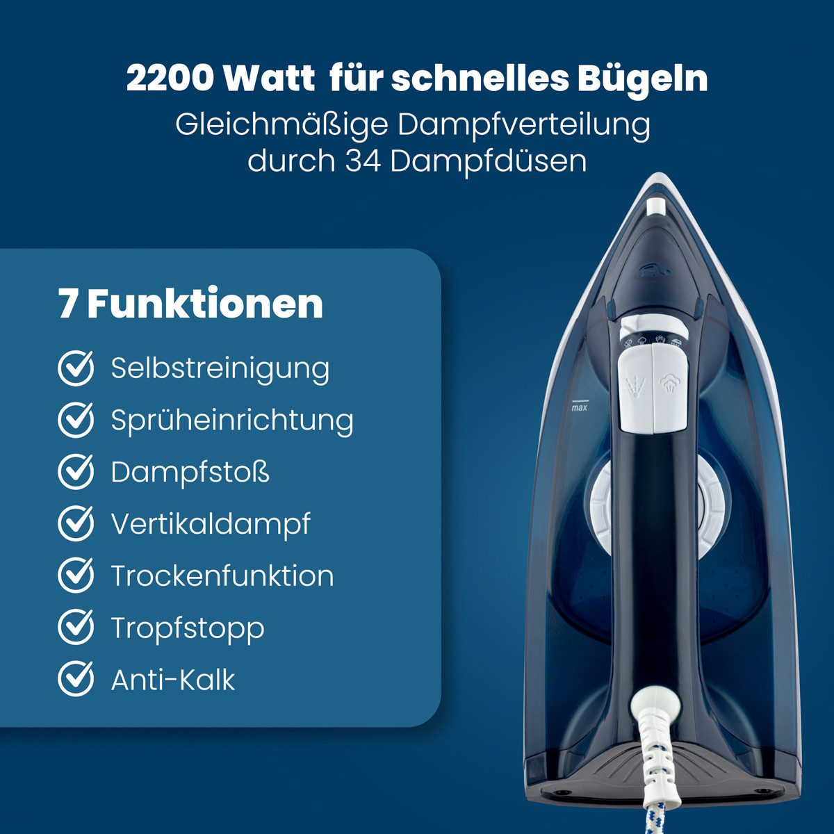 CLATRONIC Dampfbügeleisen DB 3704, 250ml Tank, 2200W, Anti-Kalk
