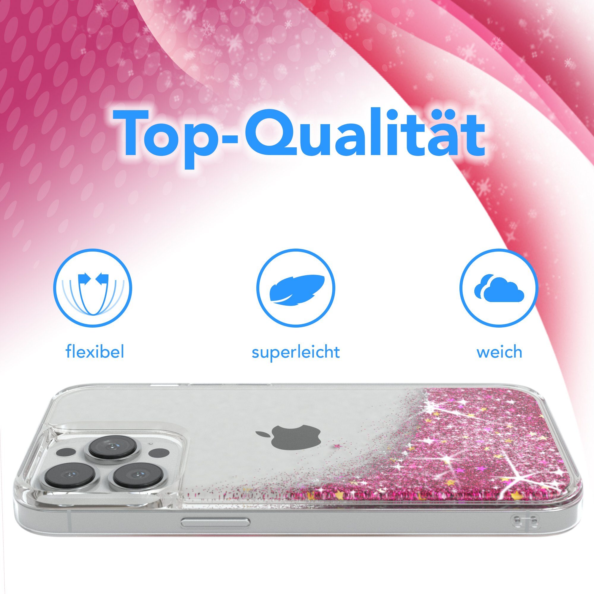 EAZY CASE Handyhülle Liquid Glittery Case für Apple iPhone 13 Pro 6,1 Zoll, Glitzerhülle Shiny Slimcover stoßfest Durchsichtig Bumper Case Pink