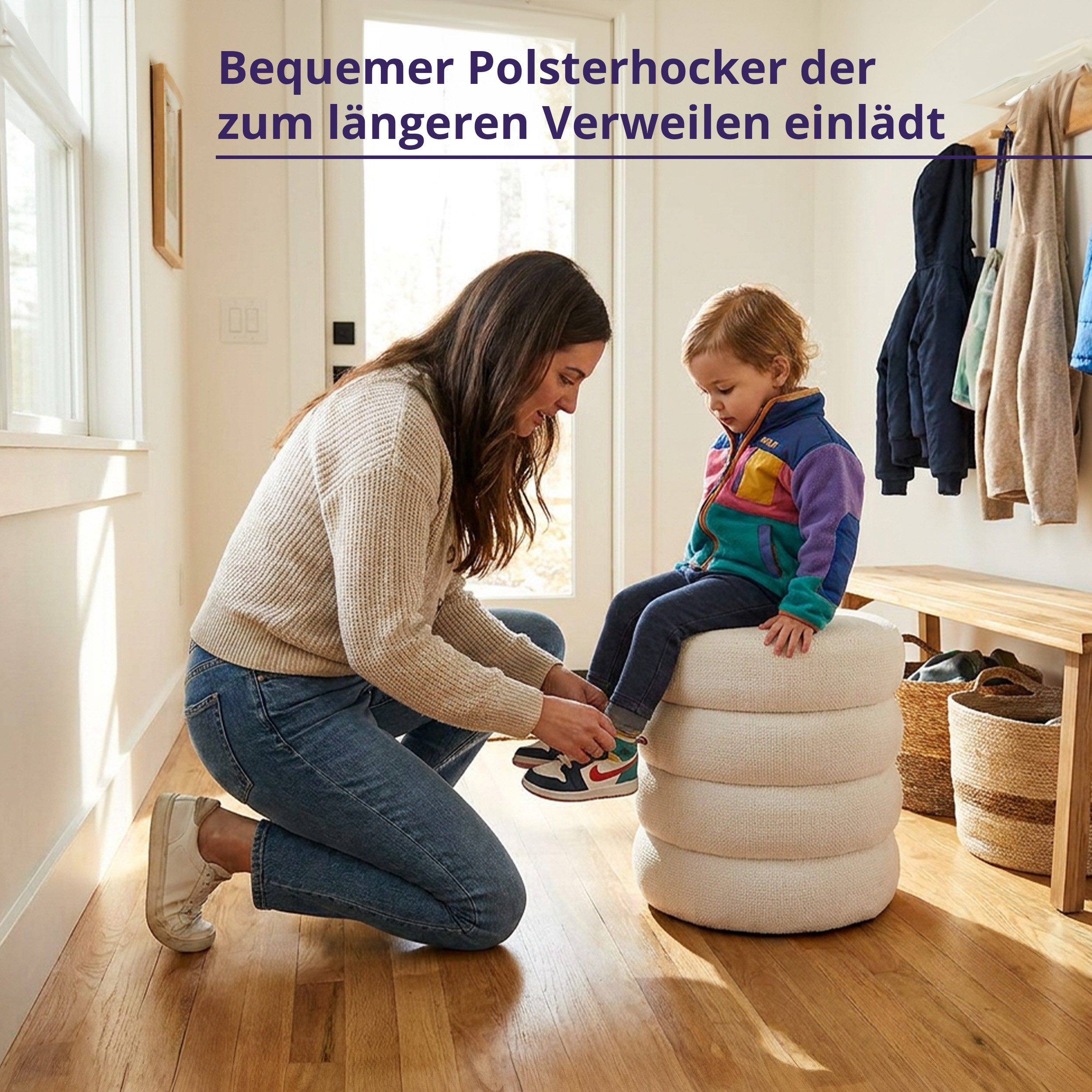 KHG Polsterhocker Sitzhocker mit Stauraum 43 x 43 cm, Webstoff Creme (Indoor-Hocker), Sitzfläche abnehmbar, Hocker mit Stauraum, bis 110 kg belastbar – Bild 4 von 5