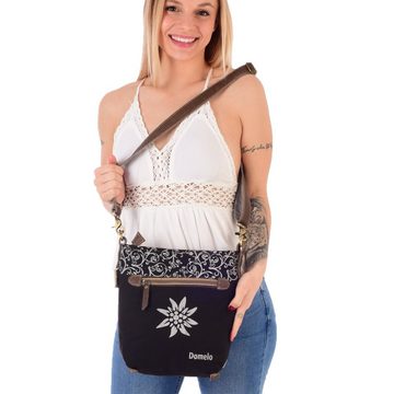 Domelo Umhängetasche Trachtentasche aus Canvas. schwarze Umhängetasche. Schultertasche mit Trachtenmotiv Aufdruck, Reh Motiv für Dirndl oder Trachtmode. 53087, echtes Leder, Vintage Look, Reißverschlussfach an der Rückseite, mit abnehmbaren Schulterriemen, Reh Aufdruck, Ring für Schlüsselanhänger