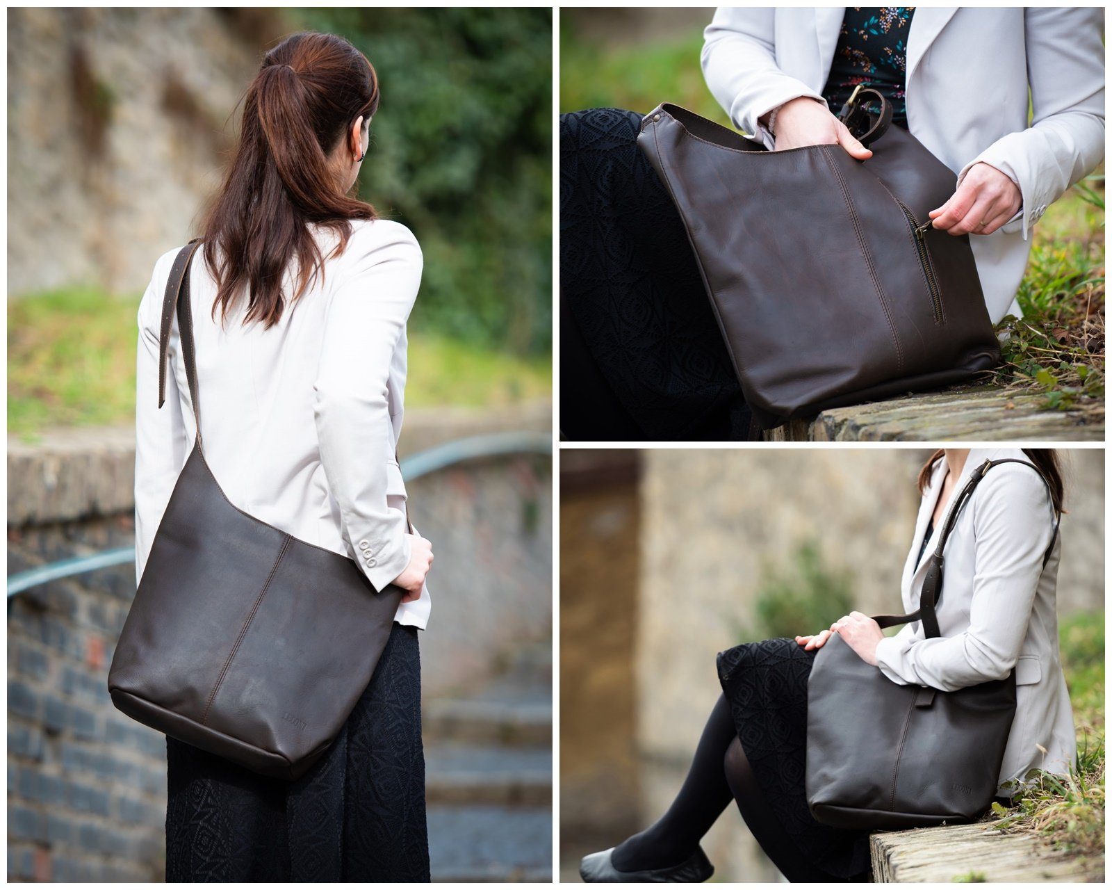 LECONI Schultertasche große Umhängetasche Beuteltasche Damentasche Shopper Echt Leder LE0055, Echtleder – Reißverschlussfach innen & außen – 34×34×11 cm – Bild 2 von 5