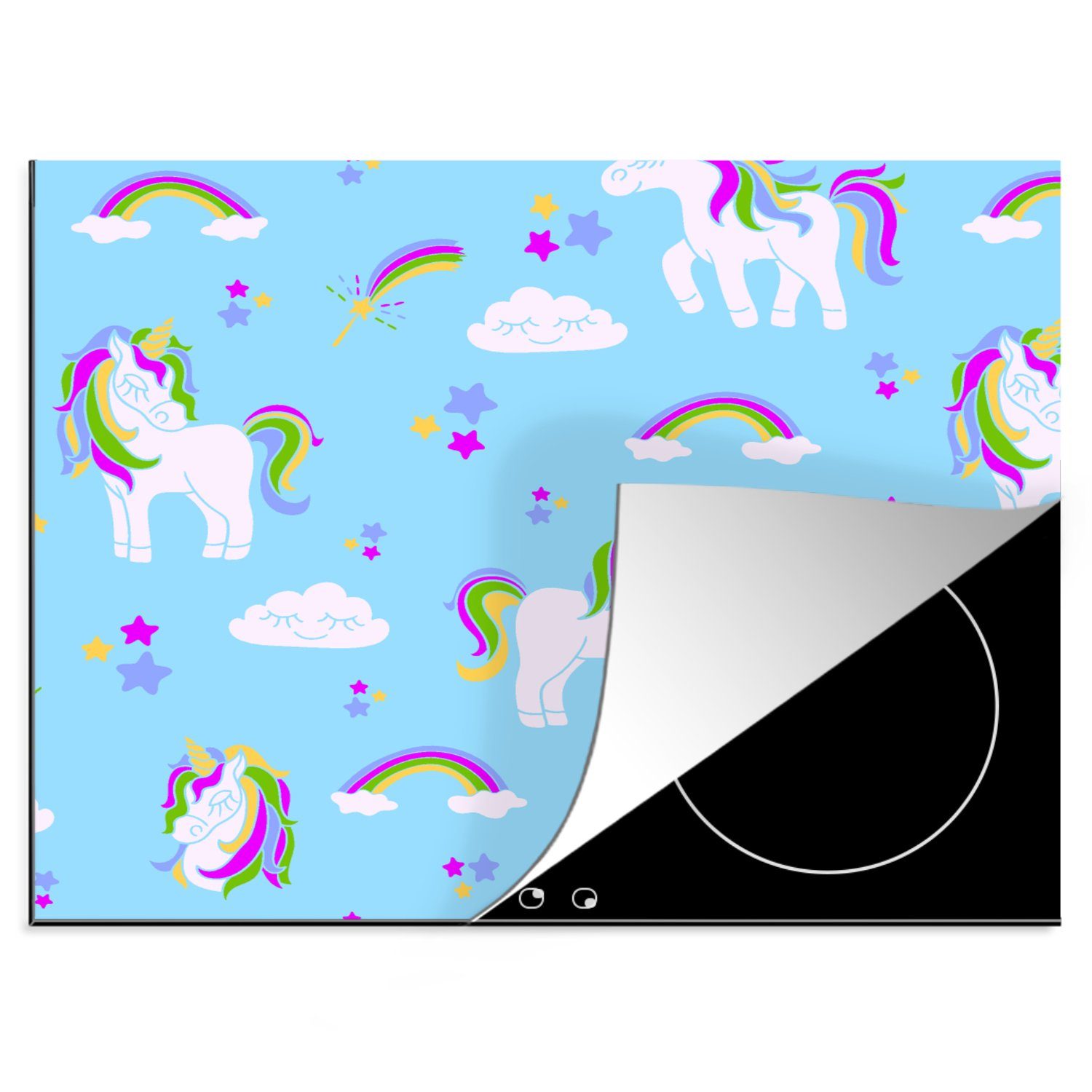 MuchoWow Herdblende-/Abdeckplatte Einhorn - Regenbogen - Muster - Kind, Vinyl, (1 tlg), 60x52 cm, Mobile Arbeitsfläche nutzbar, Ceranfeldabdeckung