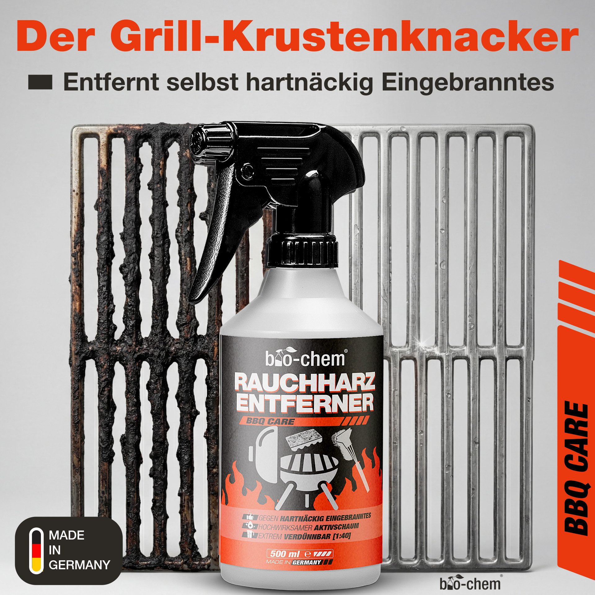 bio-chem Grillreiniger Rauchharzentferner extra stark gegen Eingebranntes 500ML Grillreiniger (Sparpaket, [- Rauchharz-Entferner 0.5 l Handsprayflasche + Grillbürste Extreme Fettlösekraft für hartnäckigste Ablagerungen)