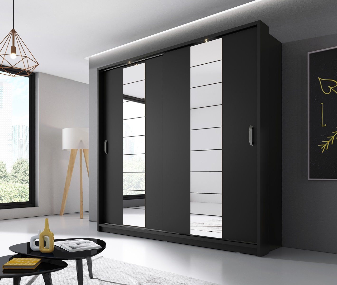 Schwebetürenschrank Schwarz Schlafzimmer Breite für zweitürig, Geräumiger Kleiderschrank 220 cm, Compleo ARTI 14, LED-Beleuchtung