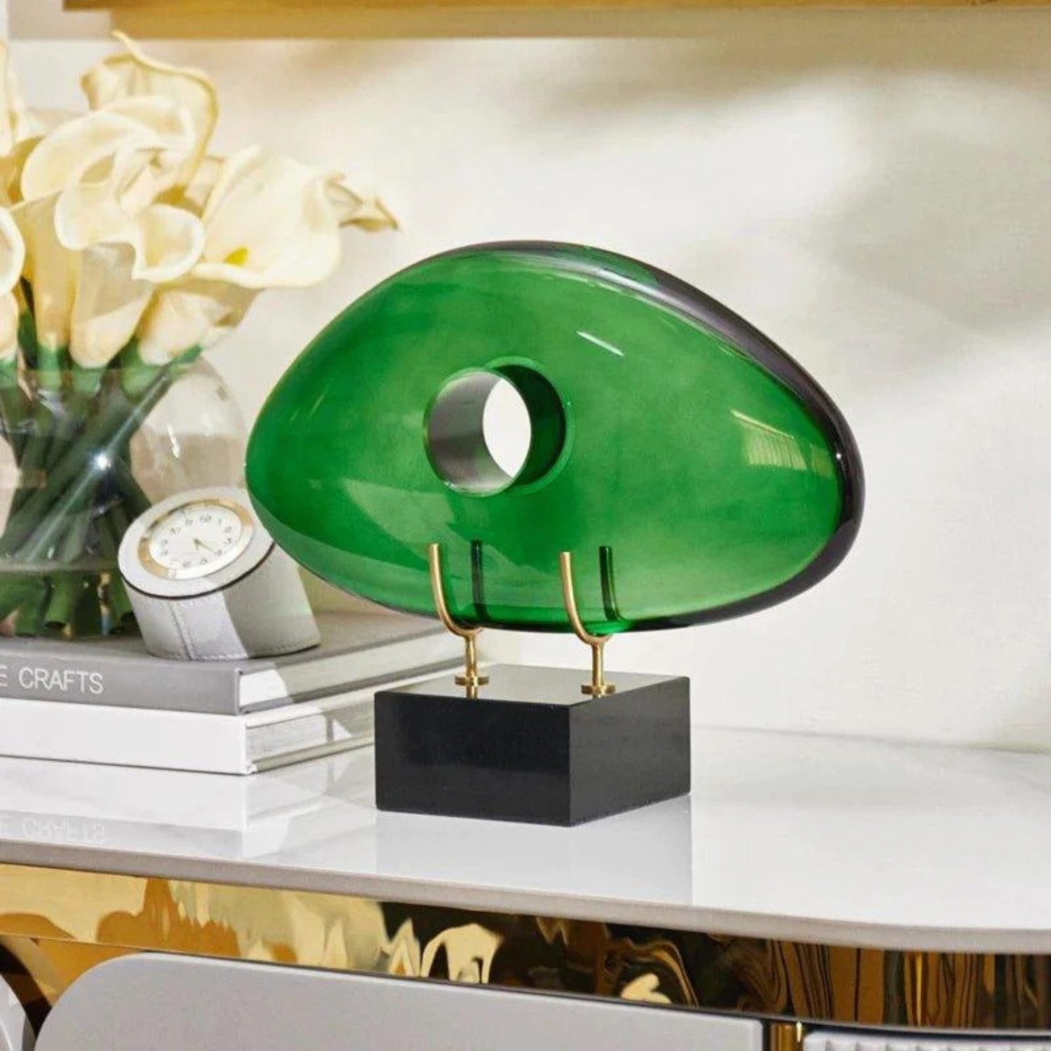 Quality Elegance Deko-Glas Luxuriöse grüne Desktop-Skulptur – Kristall & Marmor
