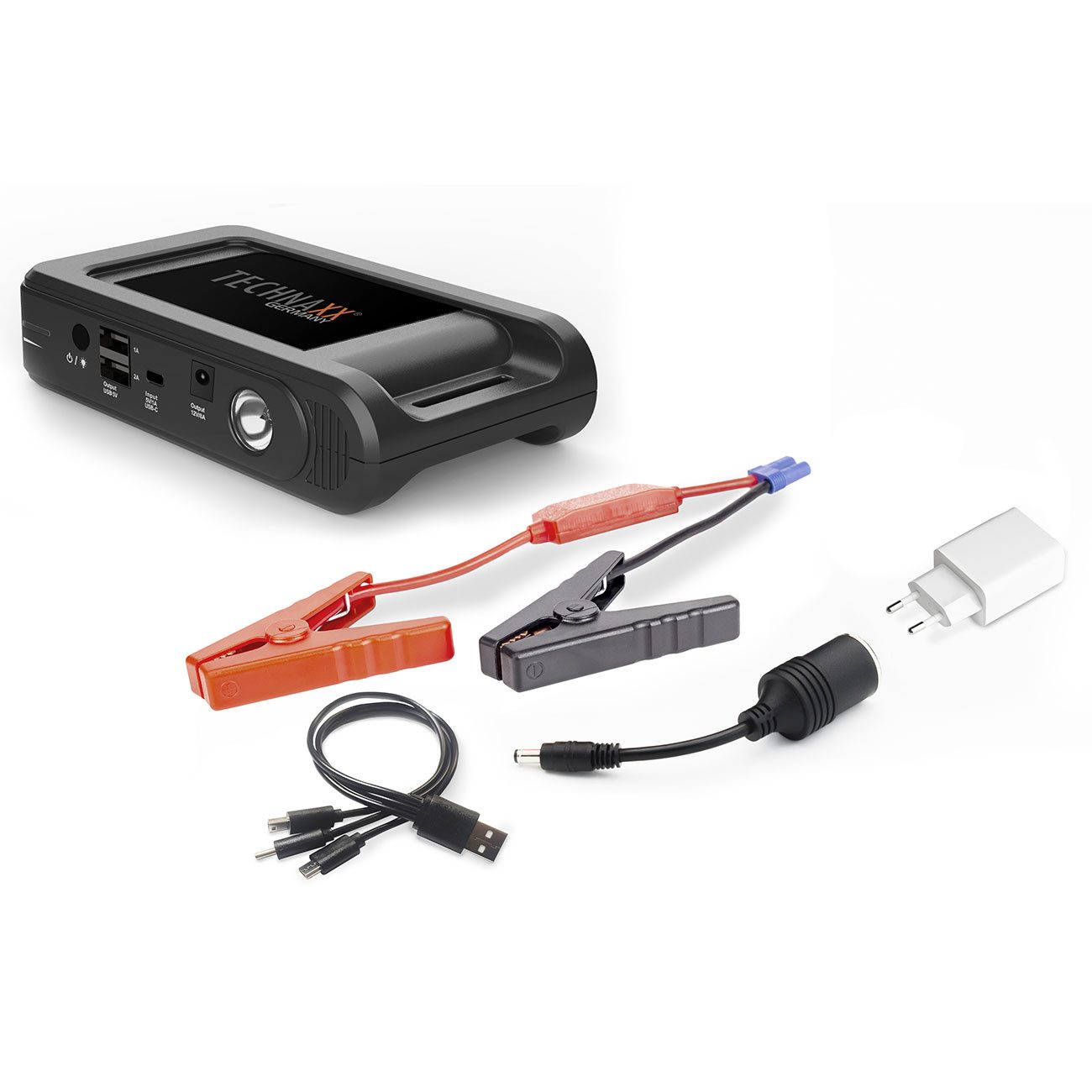 Technaxx Profi Auto-Starthilfe & Powerbank 12000mAh, 500A, LiFePO4, LED Powerbank (Anlaufstrom 350 A / Spitzenstrom maximal 500 A V), Starthilfe-Kit geeignet 12V-Fahrzeuge Benzin- und Dieselmotoren