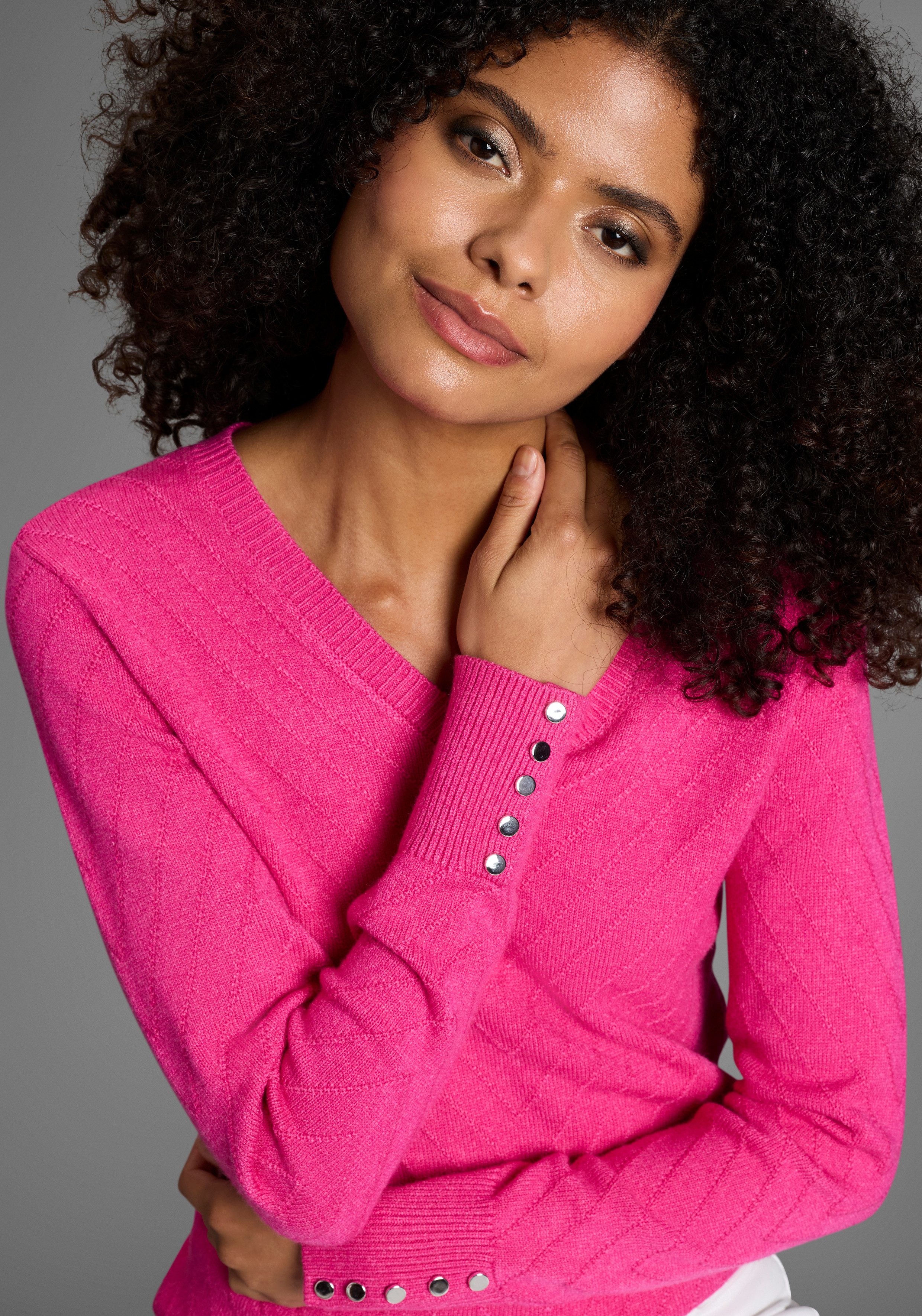 Laura Scott V-Ausschnitt-Pullover kuscheliger Winterstrick mit Strukturstri günstig online kaufen