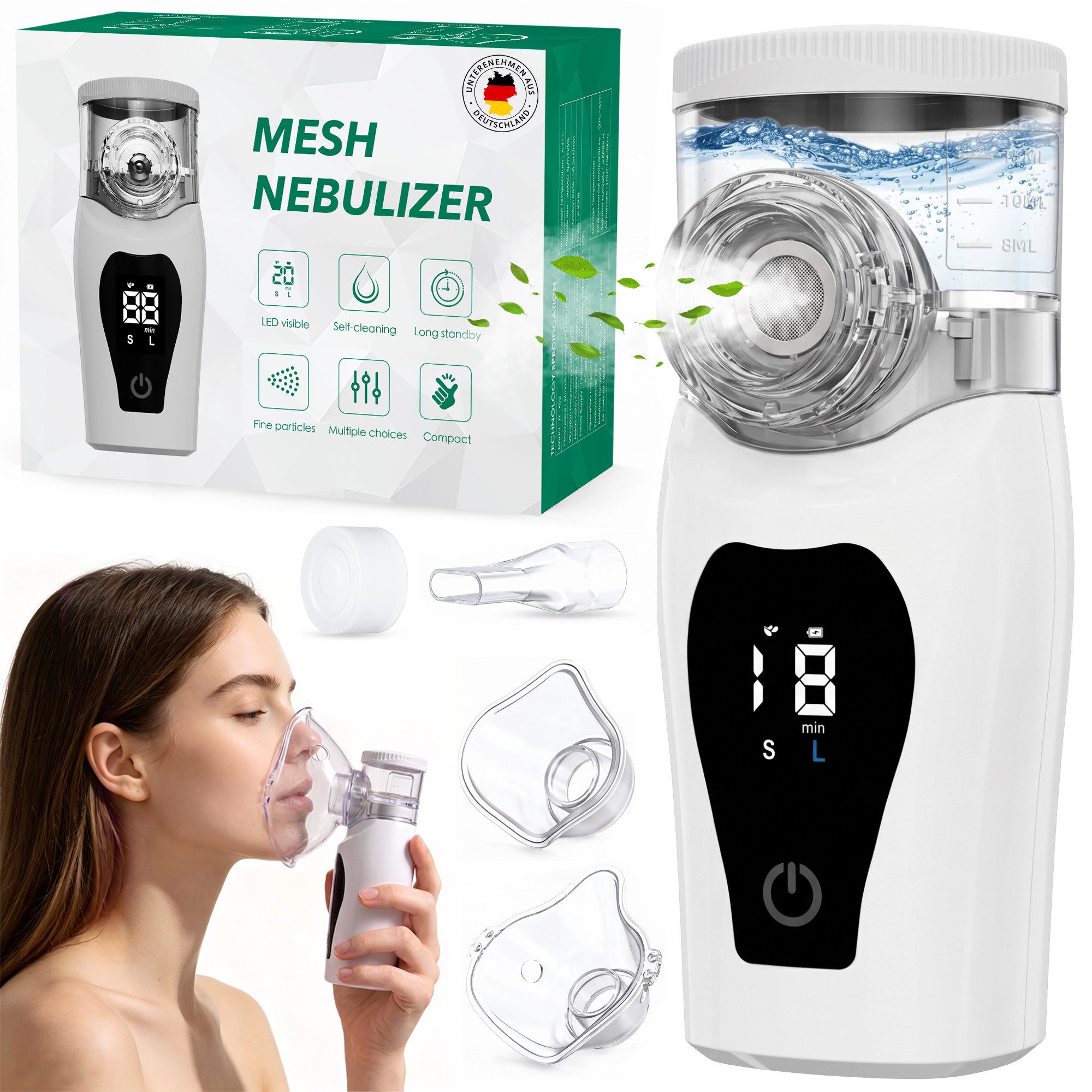 SWGOTA Tragbarer Inhalationsgerät 1200 mAh für Kinder und Erwachsene, Leiser Inhaliergeräte, Wiederaufladbar, 1–5 µm feiner Nebel LED Display 2 Modi ideal für Zuhause und unterwegs