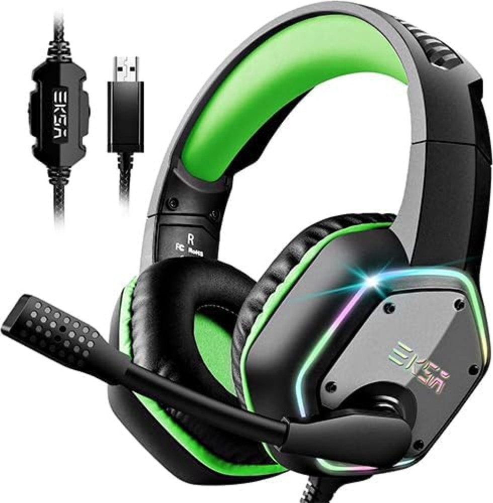 EKSA USB mit Mikrofon und Surround Sound Gaming-Headset (USB Plug and Play ermöglicht eine schnelle und einfache Verbindung mit PC und Konsolen, RGB Over-Ear Kopfhörer für PC PS4 PS5 mit Noise Cancelling Mikrofon)