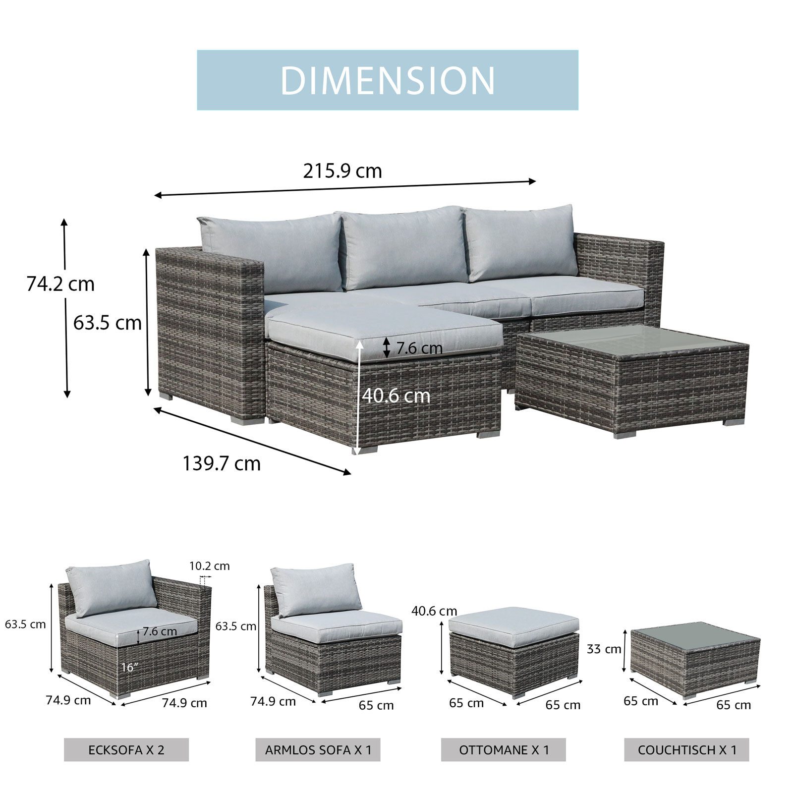 JOIVI Gartensofa Gartenlounge Set, 5-TLG Sitzgruppe, günstig online kaufen