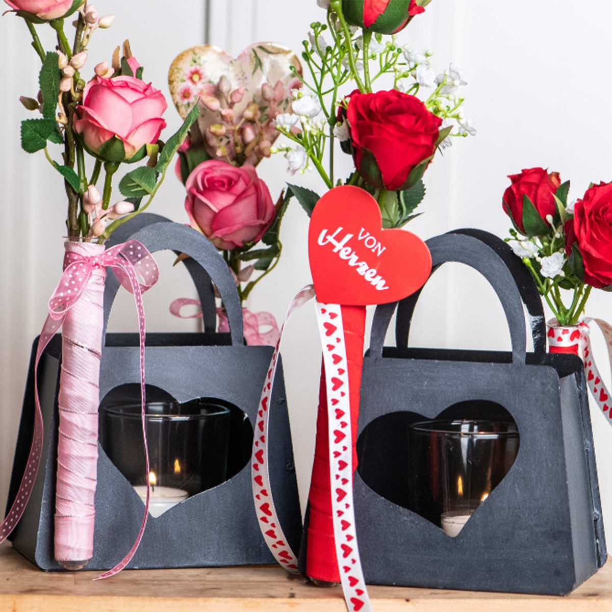 Florists Products Windlicht Windlicht Deko Metall Tasche Herz Anthrazit 18cm 2er Set, 2 Stück