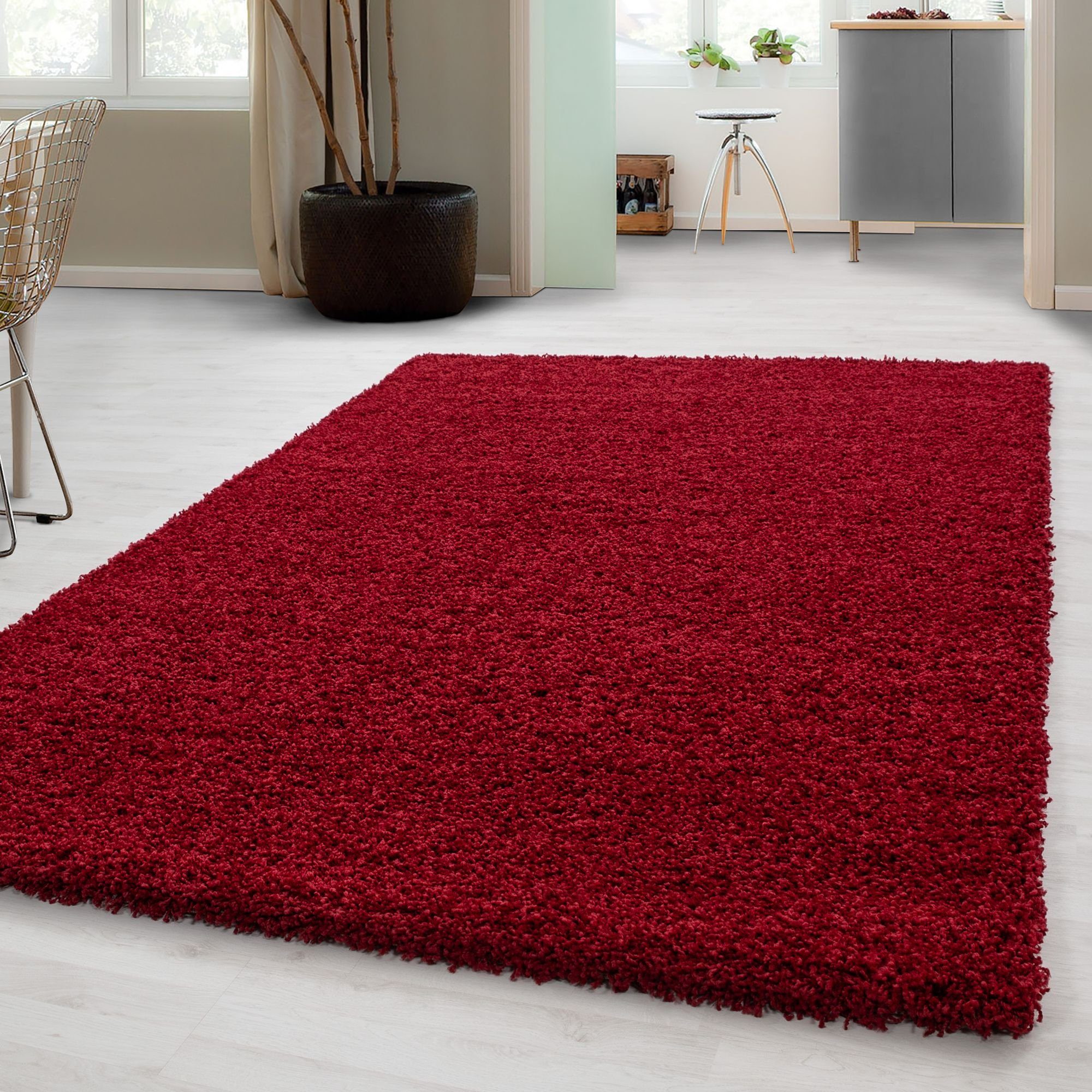 Hochflor-Teppich Unicolor - Einfarbig, Carpetsale24, Läufer, Höhe: 30 mm, Einfarbig Shaggy Teppich Wohnzimmer Langflor versch. farben und größen Rot