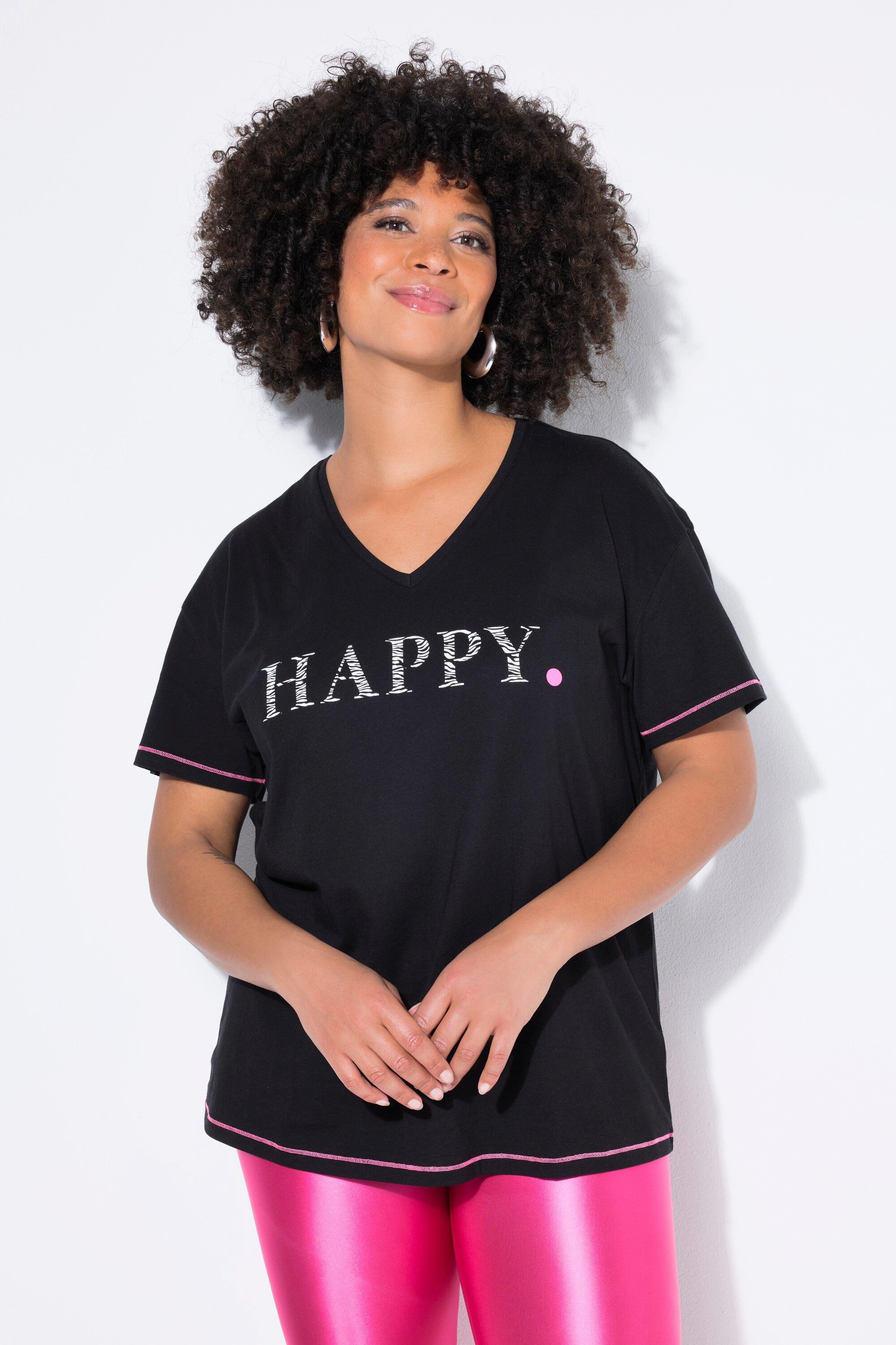 T-Shirt T-Shirt Boxy Fit HAPPY Schriftzug Neonnähte