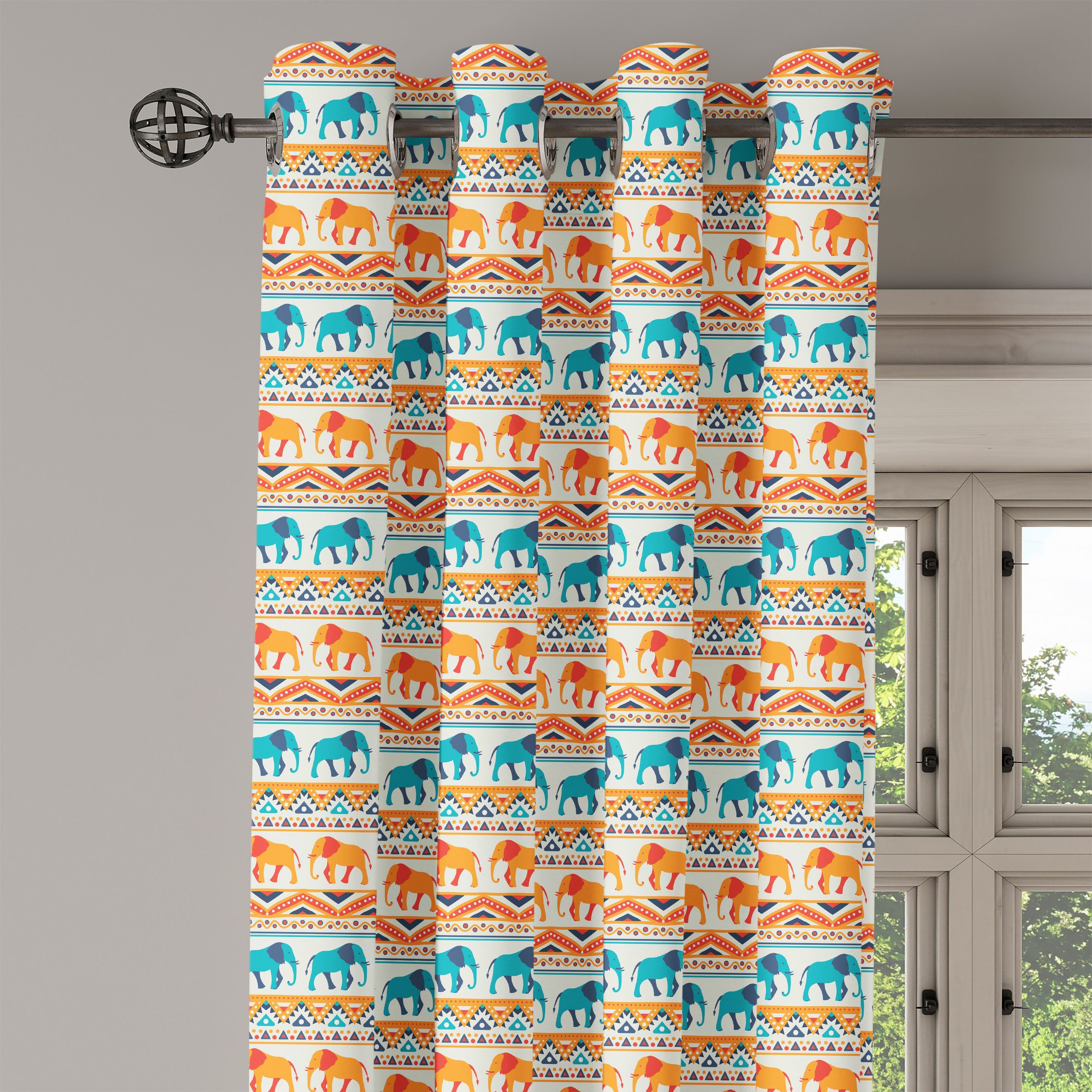 Abakuhaus, Exotische geometrische Gardine Elefant 2-Panel-Fenstervorhänge Wohnzimmer, für Schlafzimmer Kunst Dekorative