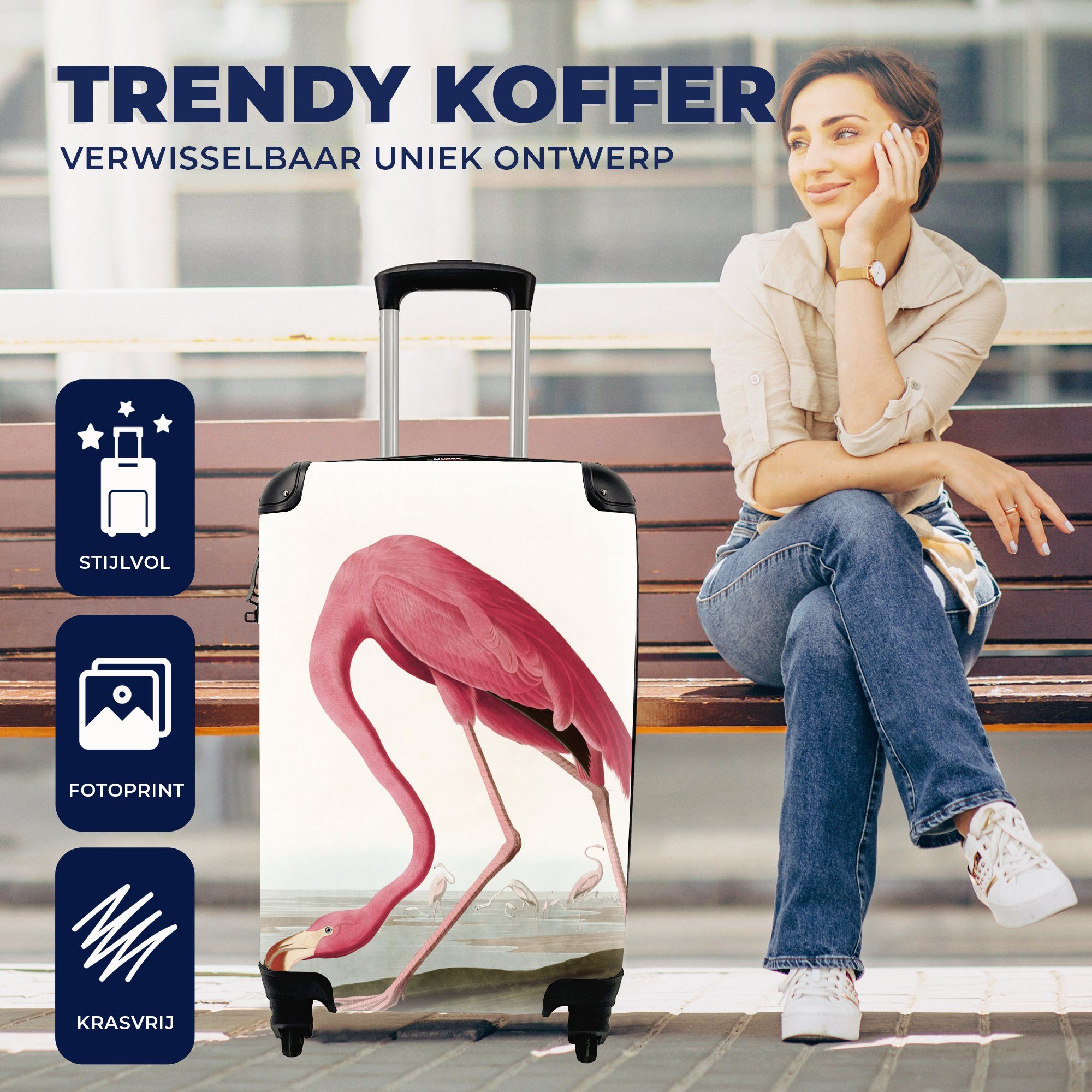 Reisekoffer Handgepäckkoffer rollen, - Reisetasche Handgepäck 4 - Wasser mit für Vintage - Flamingo Trolley, Rosa, MuchoWow Rollen, - Ferien, Vogel