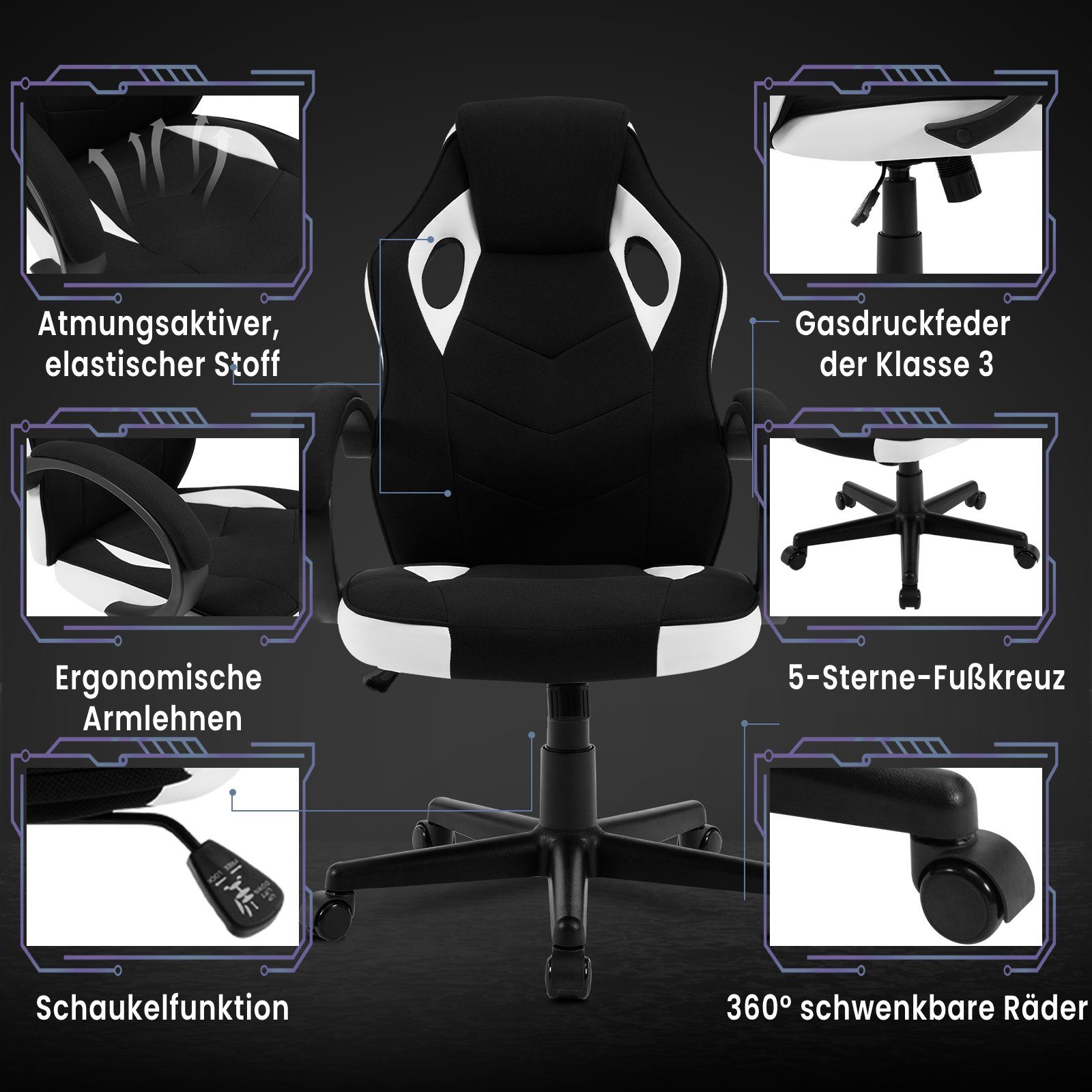 Weiß+Schwarz (1 drehbar höhenverstellbar Woltu St), Bürostuhl, Gaming-Stuhl ergonomisch