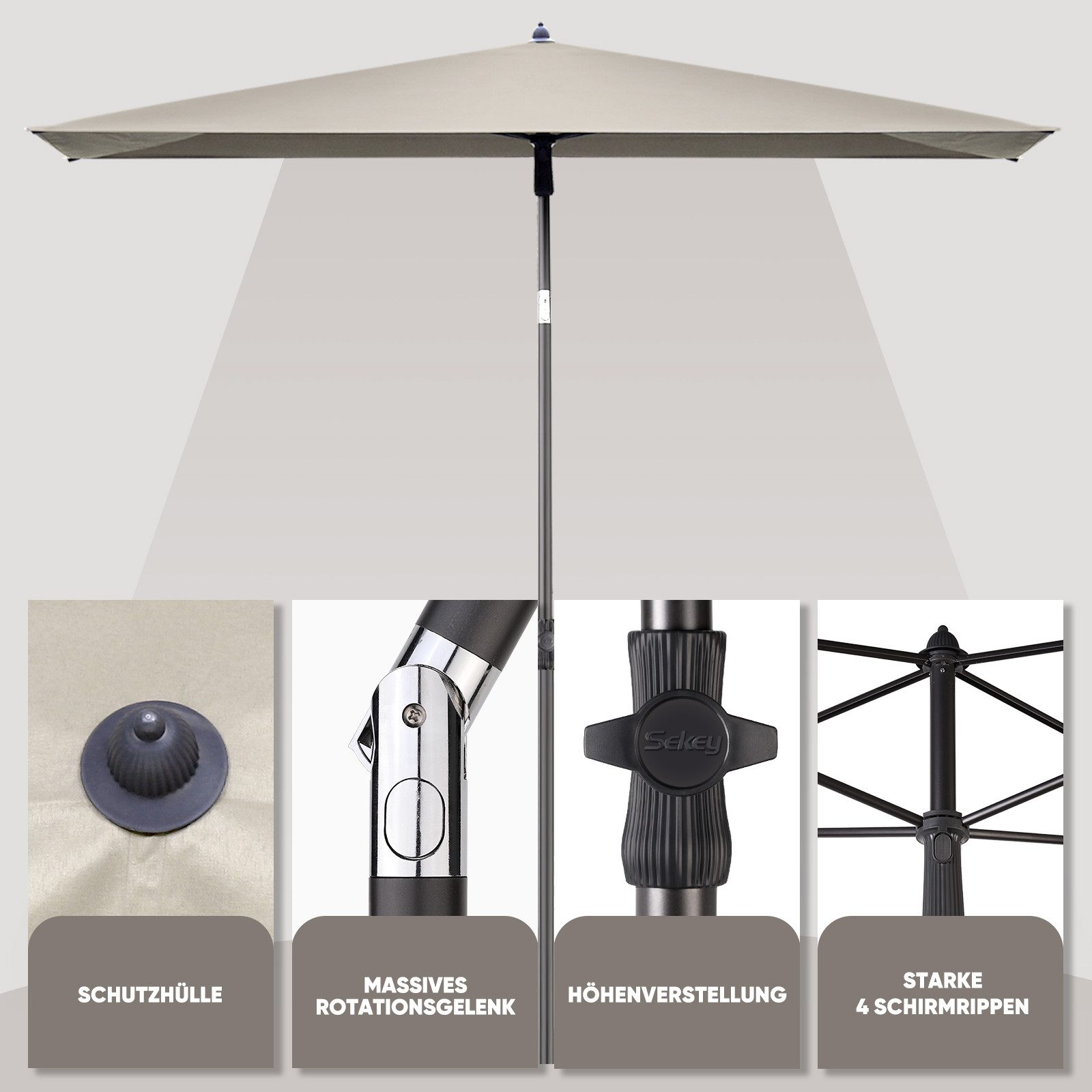 Sekey Sonnenschirm Rechteckig Höhenverstellbar Balkonschirm Knickbar, mit Schutzhülle, LxB: 210,00x140 cm, Sonnenschutz UPF50+, Kippbar, Höhenverstellbar Sonnen – Bild 5 von 5