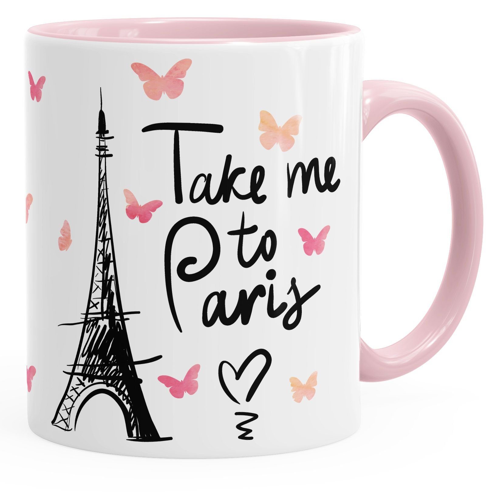 MoonWorks Tasse Kaffee-Tasse Take me to Paris Geschenk-Tasse für Frau Freundin Tasse mit Innenfarbe MoonWorks®, Keramik rosa