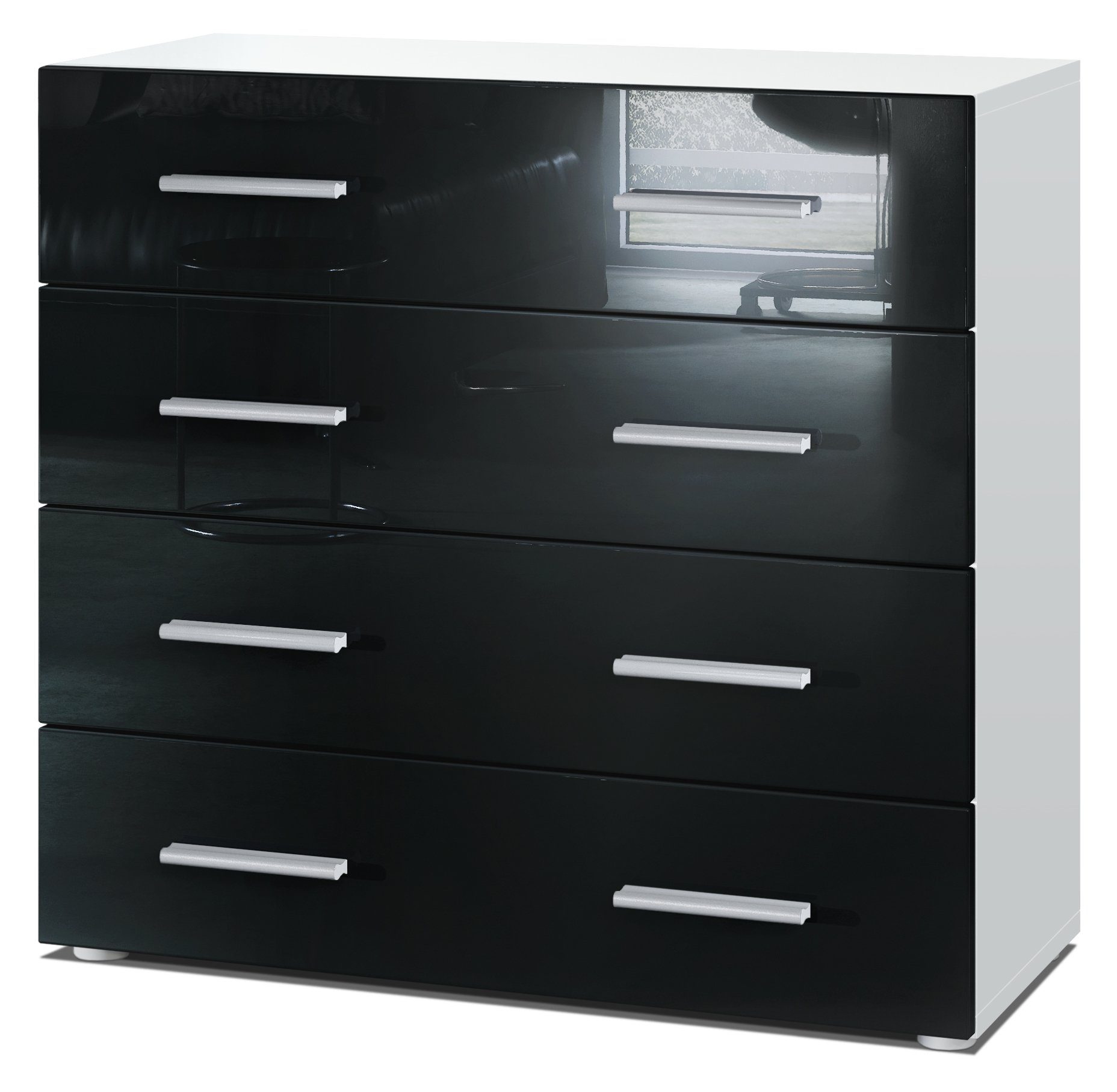 Vladon Kommode Pavos V1 (Kommode, ​mit 4 Schubladen), Weiß matt/Schwarz Hochglanz (76 x 72 x 35 cm)