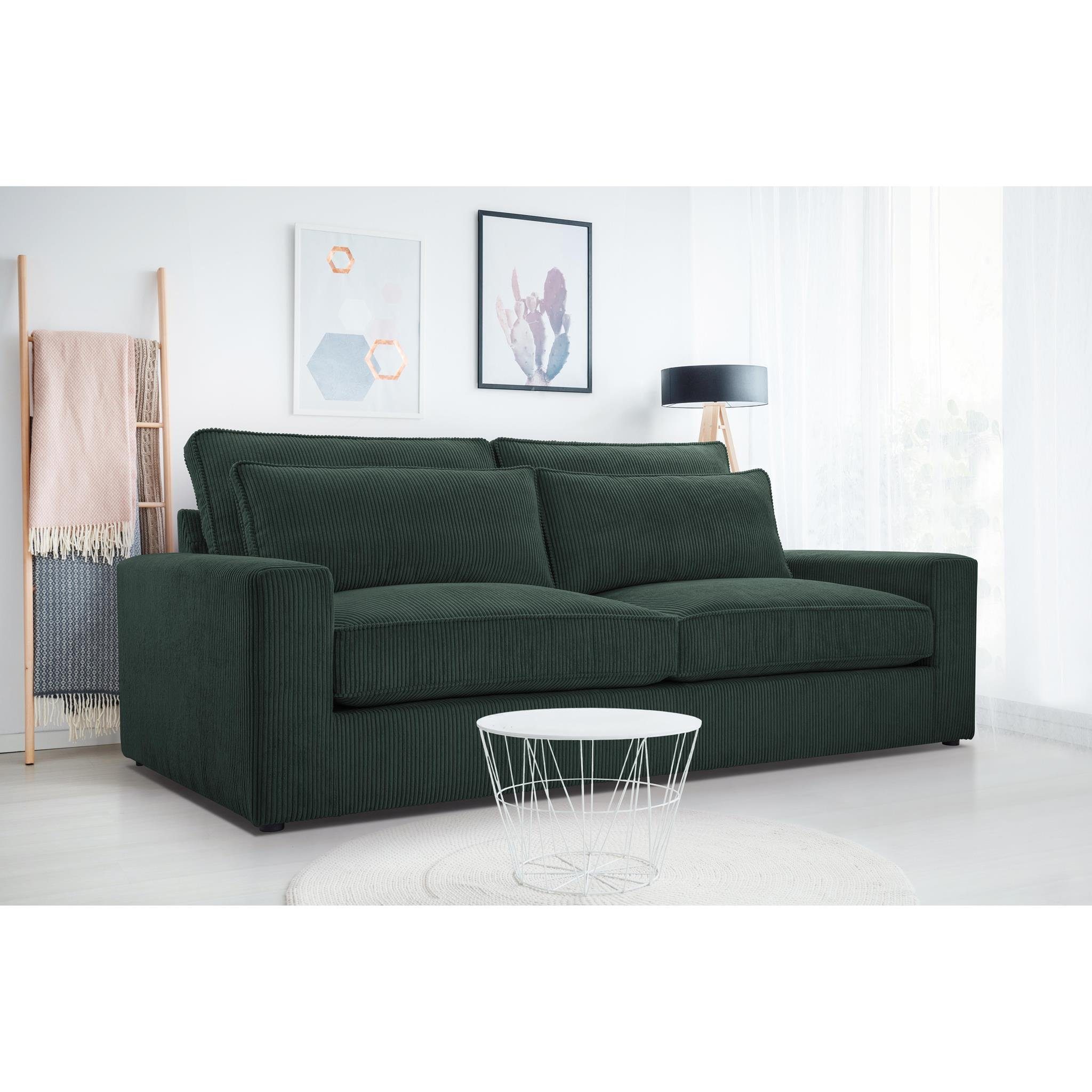 Beautysofa 3-Sitzer Como, Wellenfedern, Wohnzimmer, 221 cm Sofa im modernes Stil, Polstersofa aus Velours im Cord-Struktur Grün (lincoln 39)
