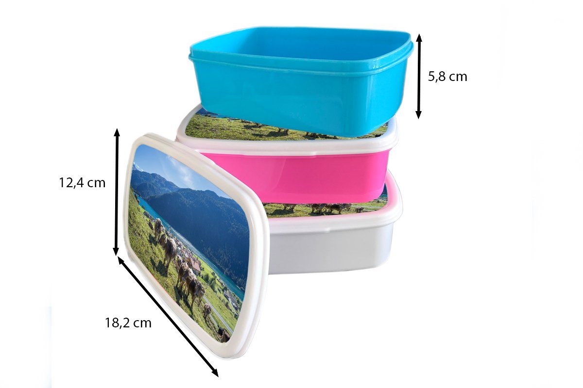 Alpen, Jungs (2-tlg), Kunststoff, Wasser - MuchoWow für Brotbox für Erwachsene, Kinder Kühe und - weiß und Lunchbox Brotdose, Mädchen
