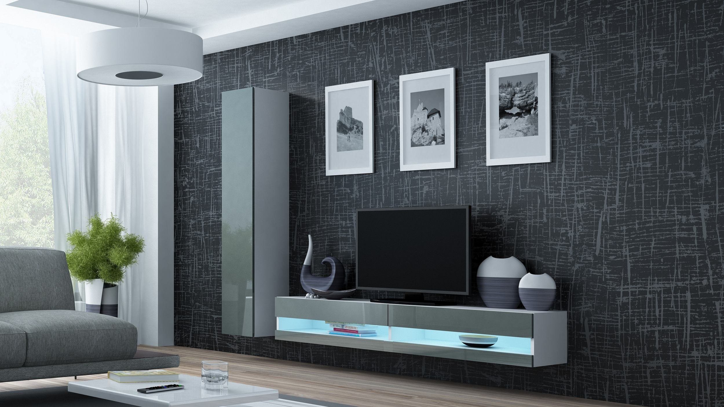 Stylefy Wohnwand Vago New IX, (Set (2-St), Wohnmöbel, Wohnzimmer-Set), bestehend aus 1xLowboard und 1xHängeschrank, inkl. LED-Beleuchtung, mit Push-to-Open, Modern Design Weiß Matt - Grau Hochglanz