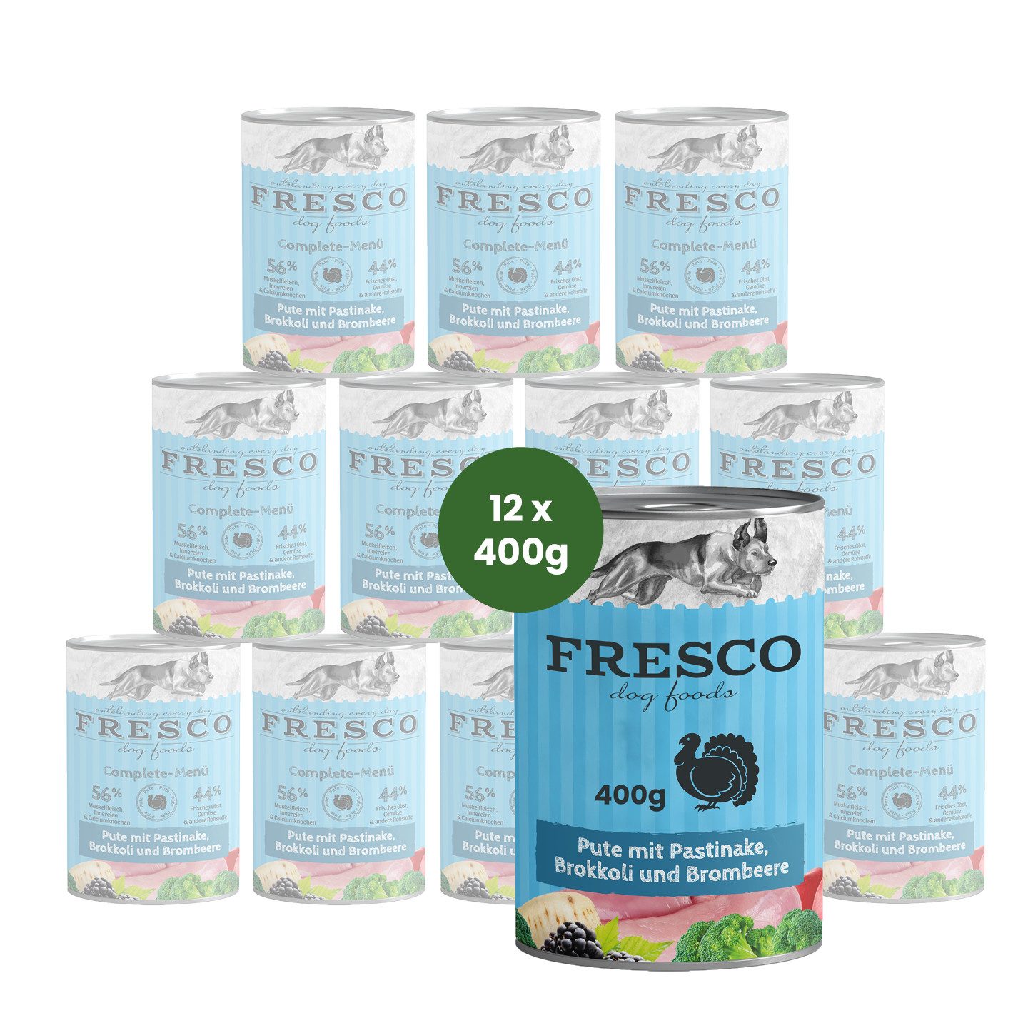 Fresco Dog NassBarf Premium Hundefutter 12x400g, Pute mit Pastinake, Brokkoli & Brombeere, Nassfutter für: Hunde, Getreidefrei, zuckerfrei & hochverträglich
