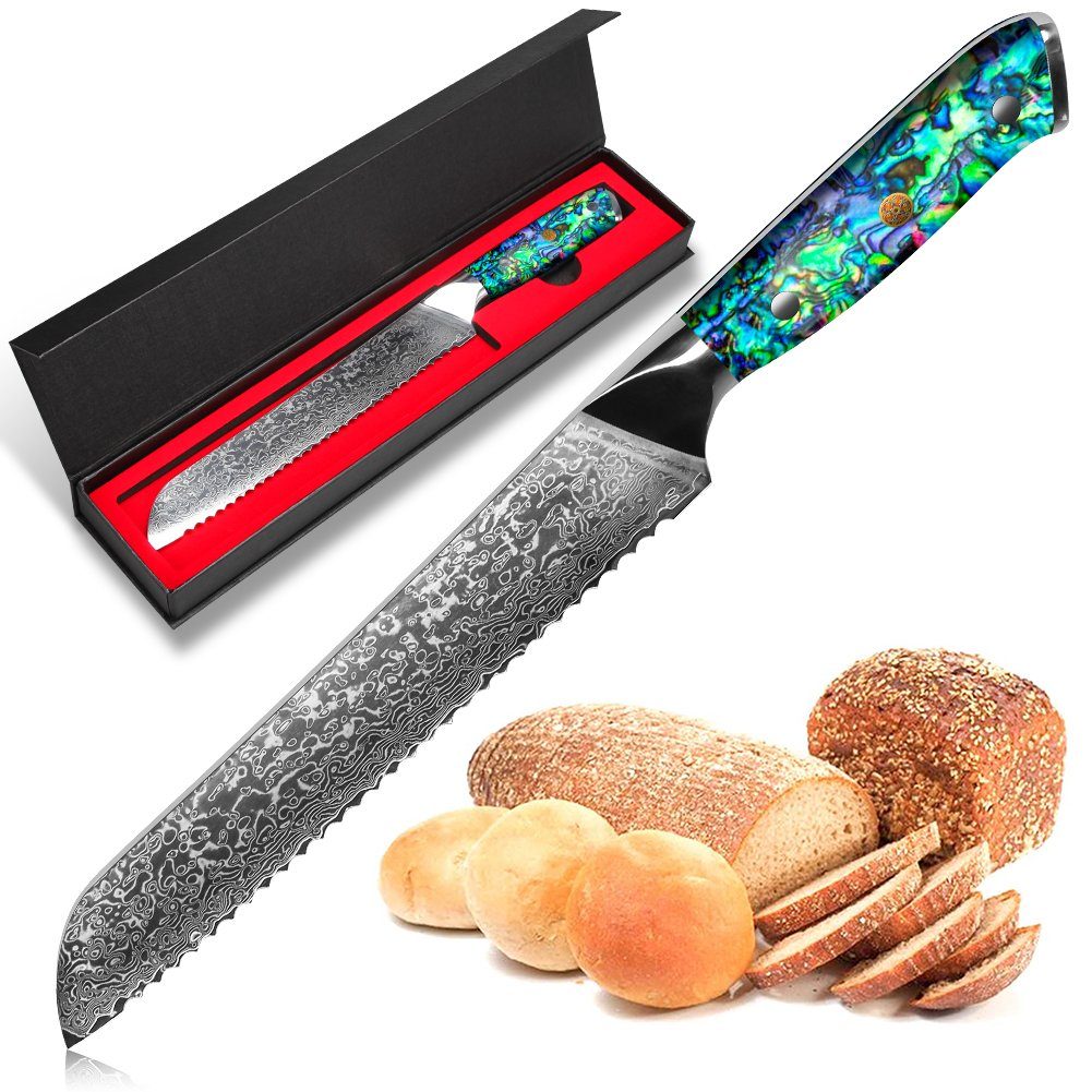 KEENZO Brotmesser Damast Brotmesser mit Wellenschliff Sägemesser Abalone-Muschel Griff