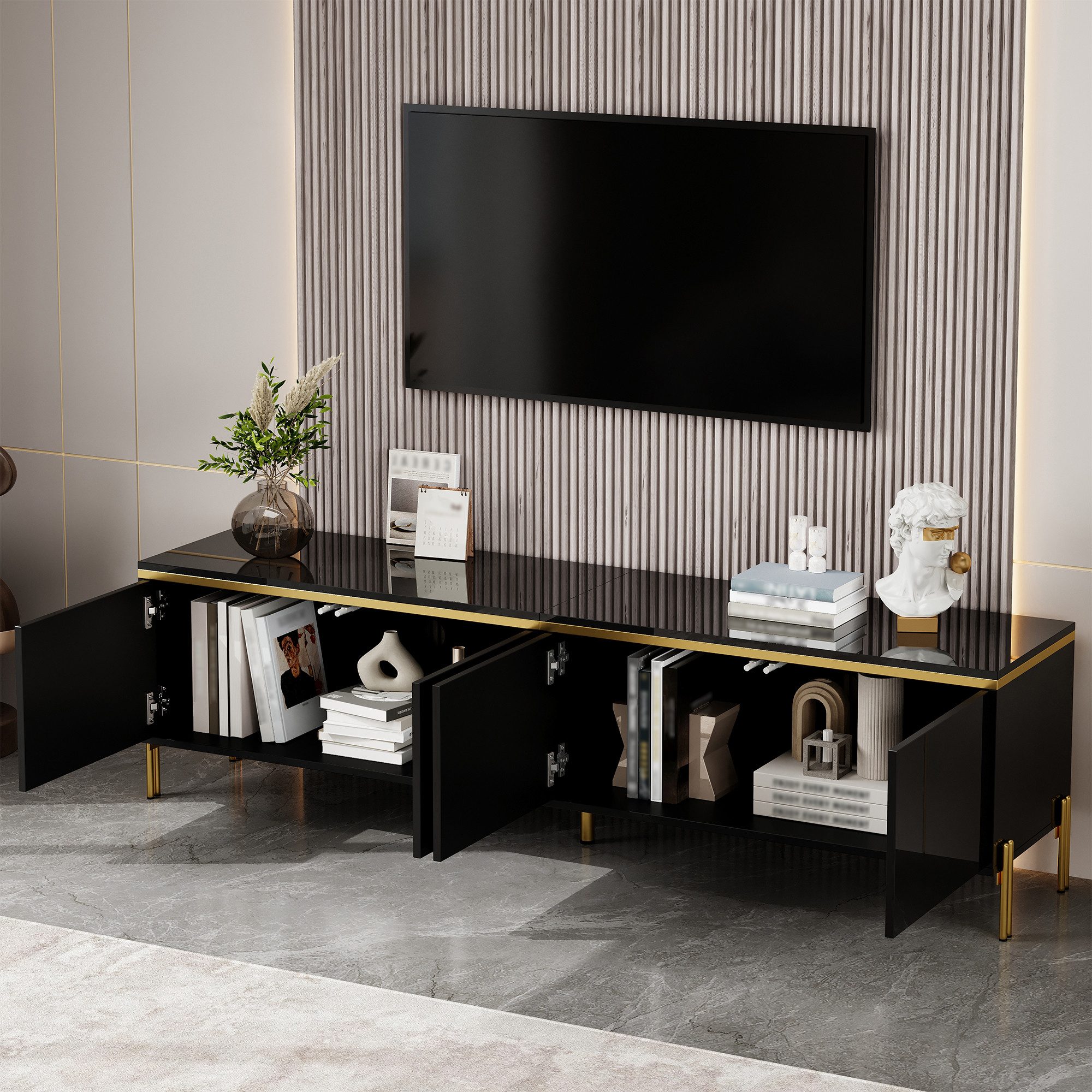 Merax Lowboard hochglanz TV-Ständer mit goldenen Zierelementen & Kabeldurchführungen (1 St), TV-Schrank mit 4 Schranktüren und Metallbeinen, 170x38x50cm