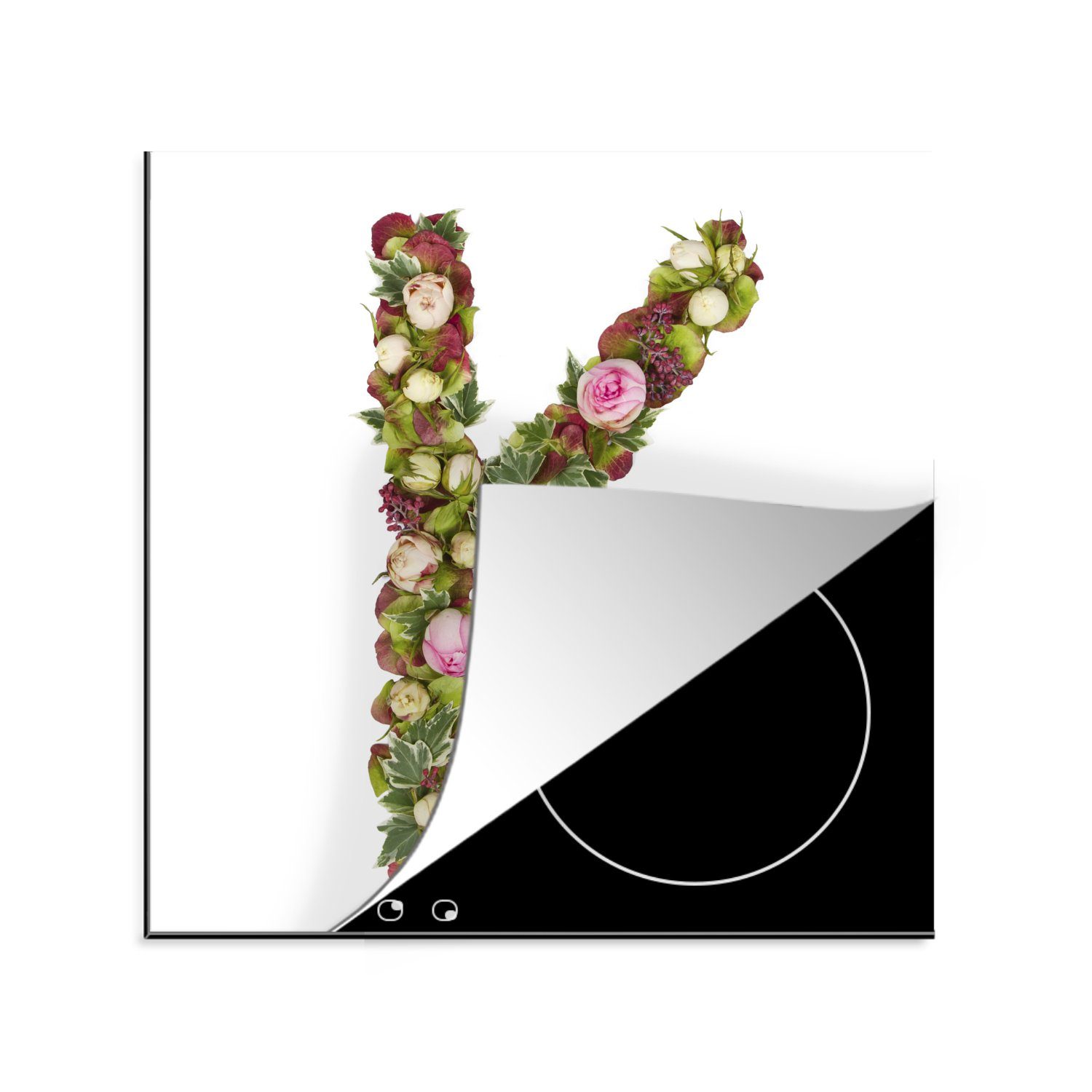 K in von küche Der Herdblende-/Abdeckplatte Form MuchoWow tlg), Arbeitsplatte Blumen, 78x78 (1 Ceranfeldabdeckung, cm, Vinyl, für Buchstabe