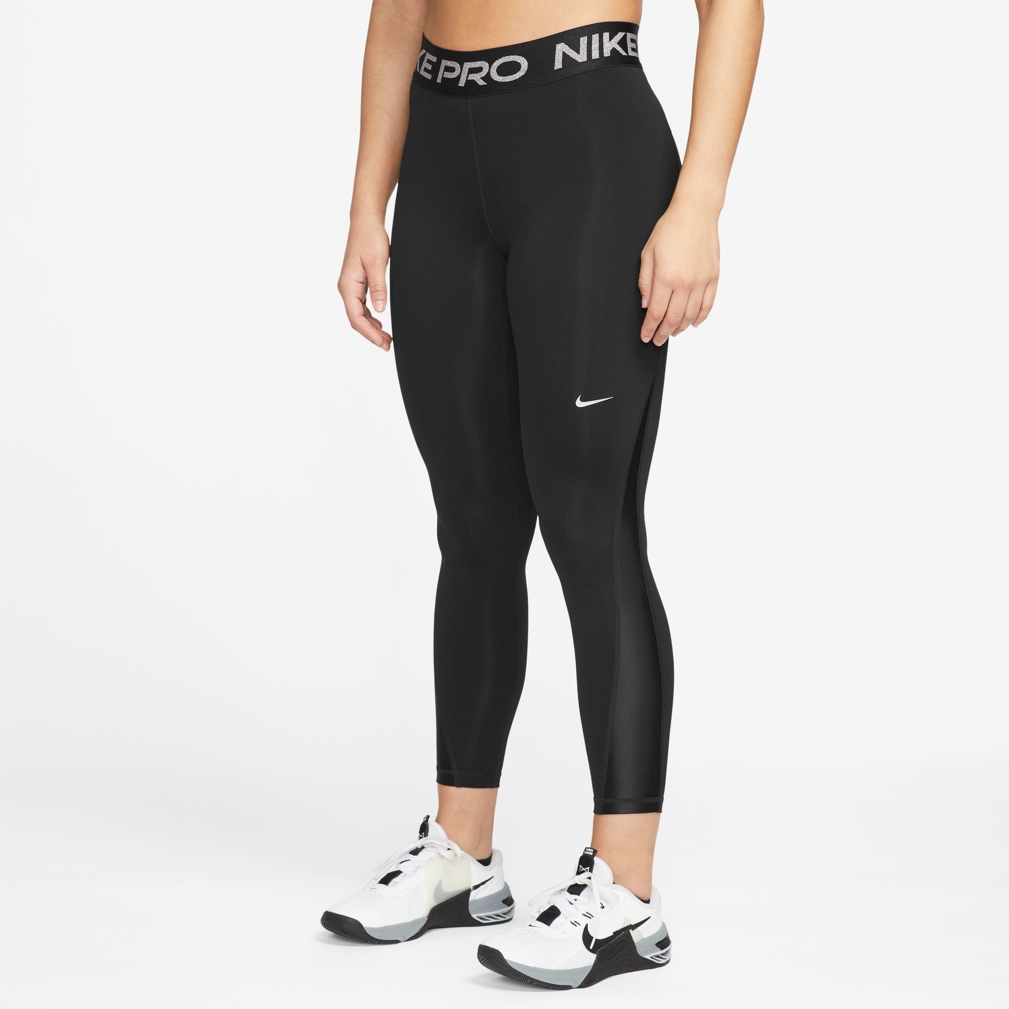 Nike Trainingstights MID-RISE WOMEN'S BLACK/METALLIC / SILVER LEGGINGS PRO