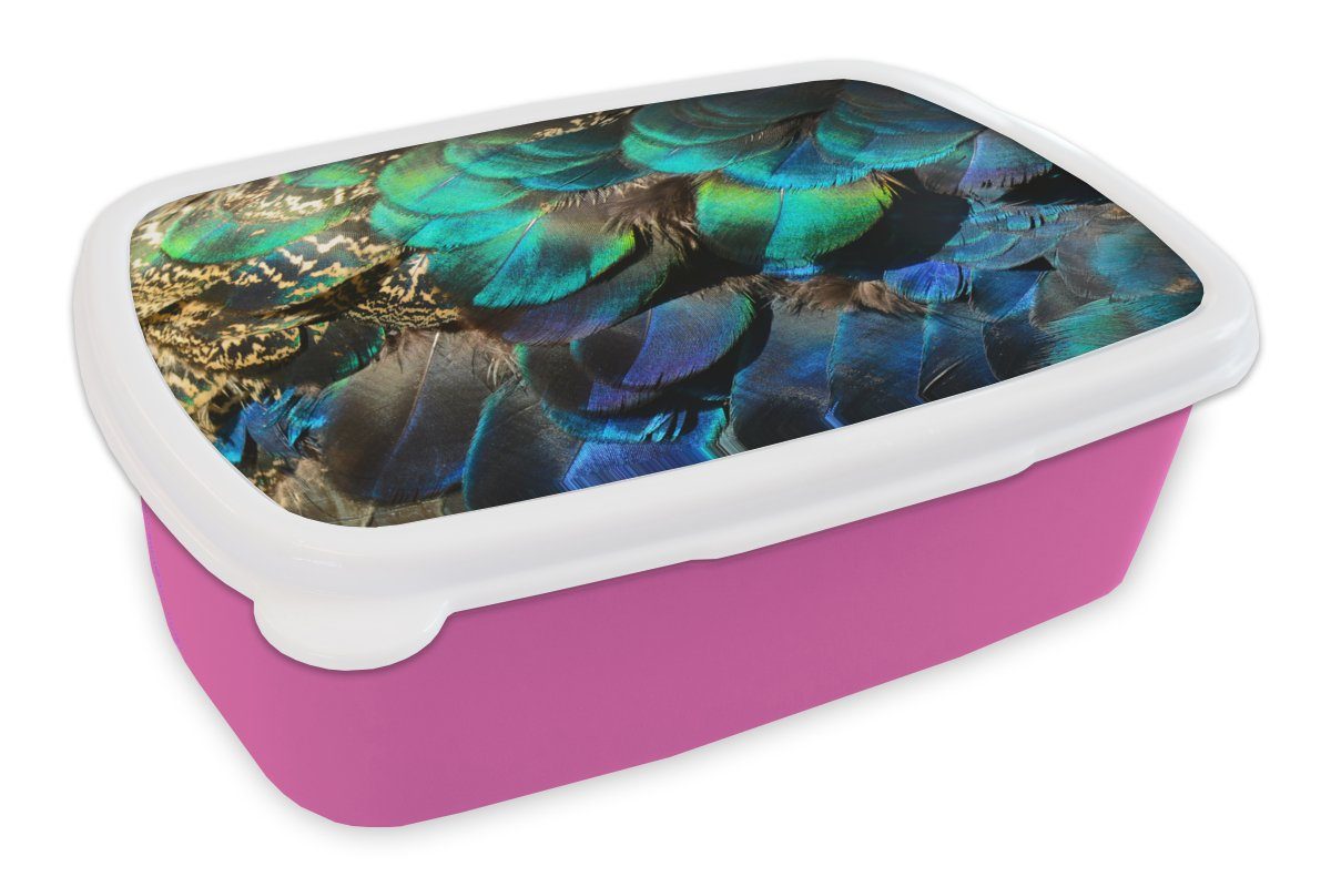 MuchoWow Lunchbox Federn - Pfauenfedern Brotdose Kunststoff Erwachsene, - Pfau - - Blau Snackbox, für (2-tlg), rosa Kinder, Kunststoff, Brotbox Mädchen, Kunst