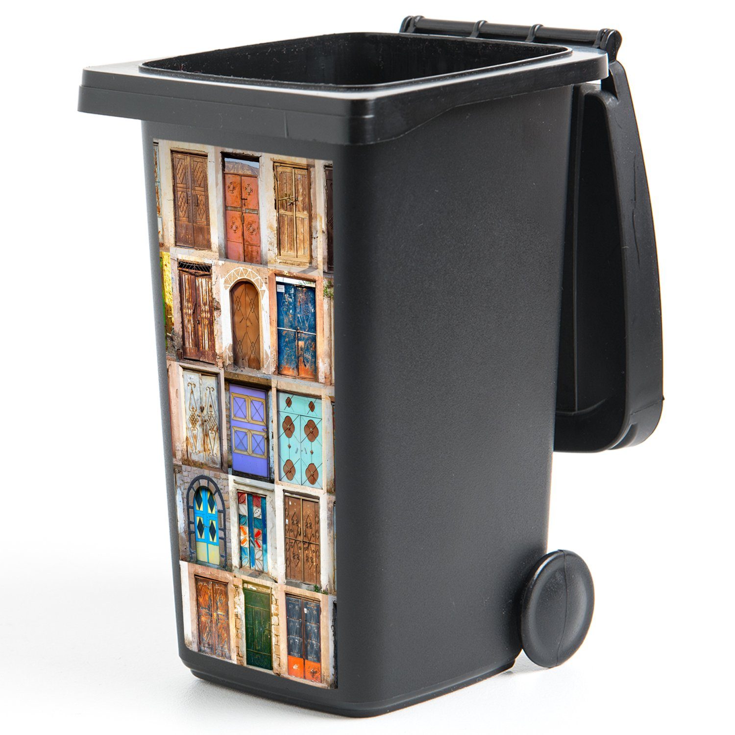 MuchoWow Wandsticker Türen St), (1 Abfalbehälter Container, Mülltonne, - Sticker, Architektur Mülleimer-aufkleber, Vintage Collage - 