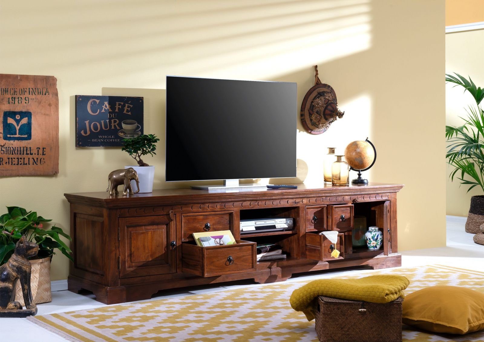 Massivmoebel24 TV-Board OXFORD (Massivholz), TV-Board Akazie 220x50x55 nougat lackiert OXFORD #341
