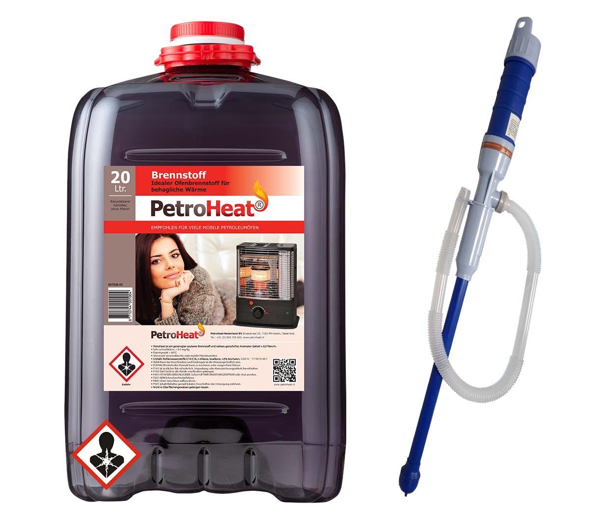 PetroHeat Petroleum 20 Liter Brennstoff geruchsarm für Petroleumofen, mit elektrischer Pumpe, für mobile Petroleum-Heizung, Petroleumöfen