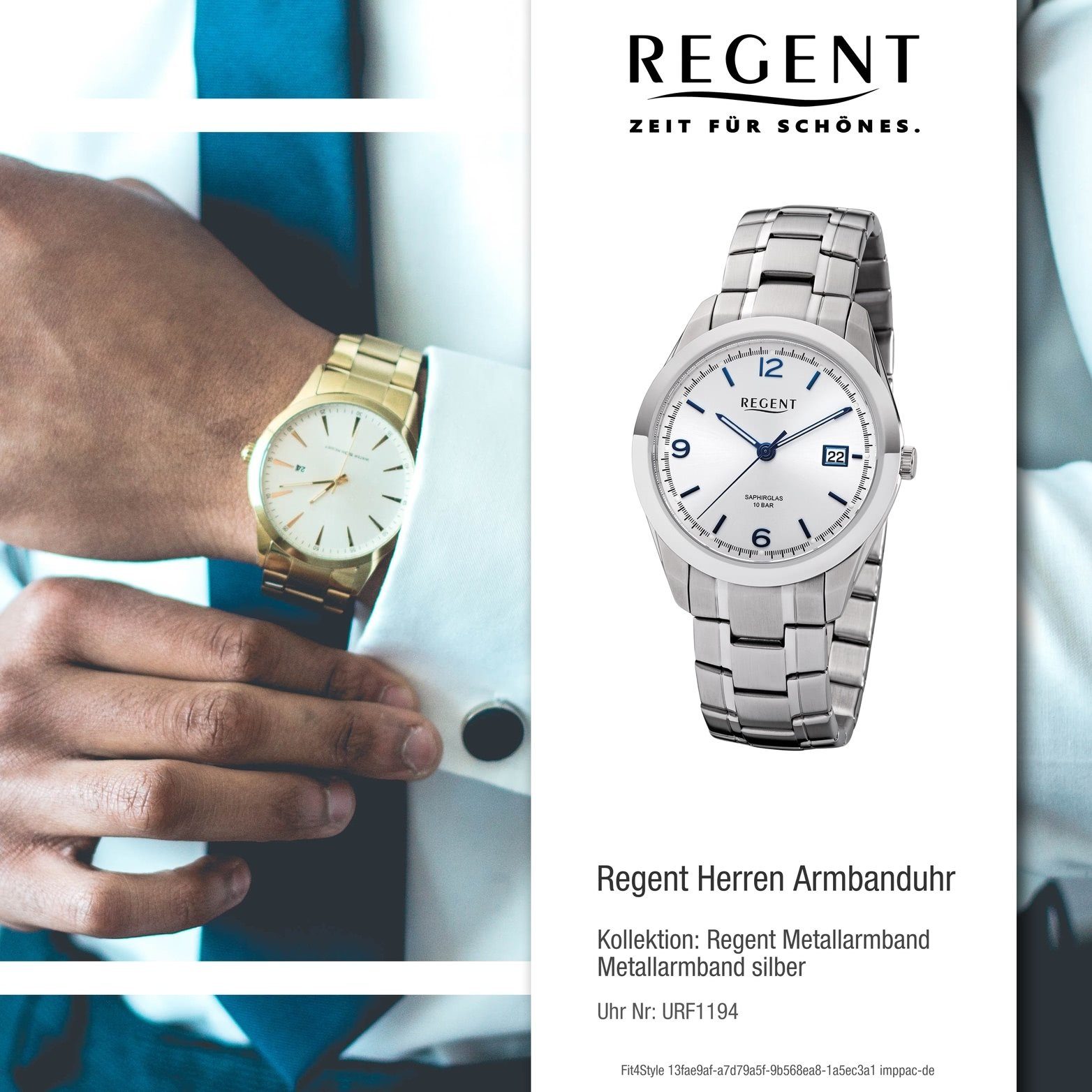 groß Herrenuhr Analog, Metallarmband Regent rundes Gehäuse, silber, F-1194 Quarzuhr 40mm) Uhr Herren Regent (ca. Metall