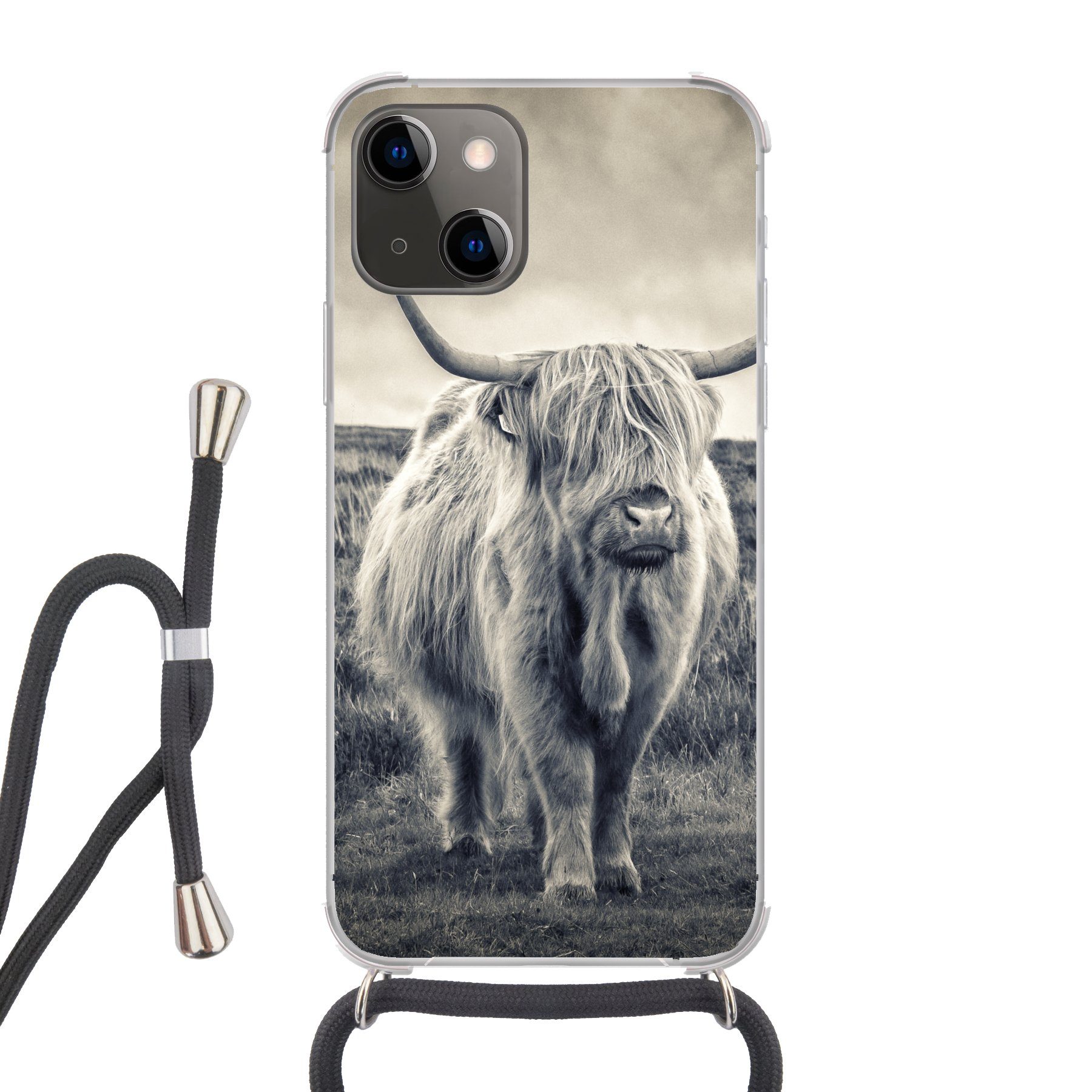 MuchoWow Handyhülle für Apple iPhone 13 Schottischer Hochländer - Tiere - Wolken - Kuh - N, Tragbare Handyhüllen mit Kette zum umhängen, Handykette Handyband