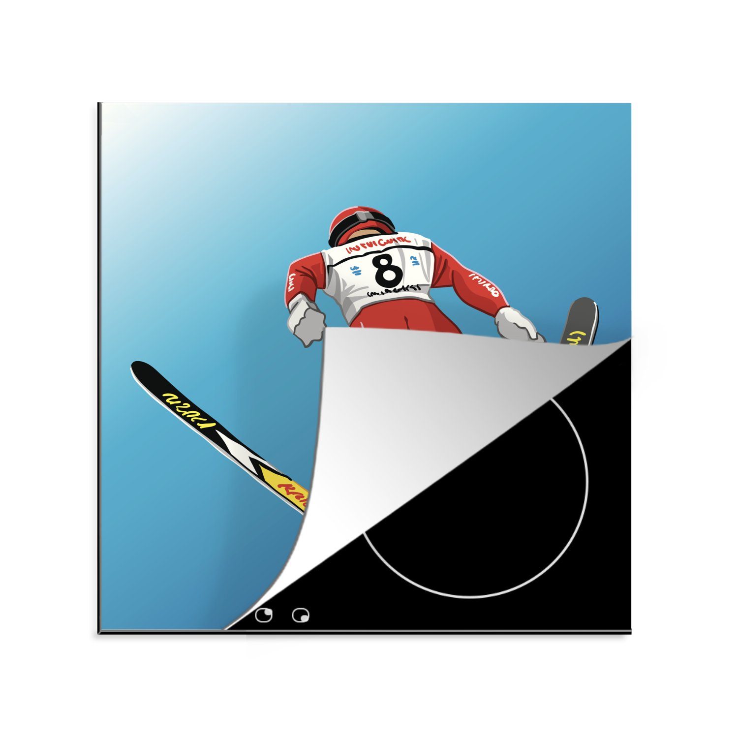 MuchoWow Herdblende-/Abdeckplatte Eine Illustration eines Skispringers in der Luft, Vinyl, (1 tlg), 78x78 cm, Ceranfeldabdeckung, Arbeitsplatte für küche