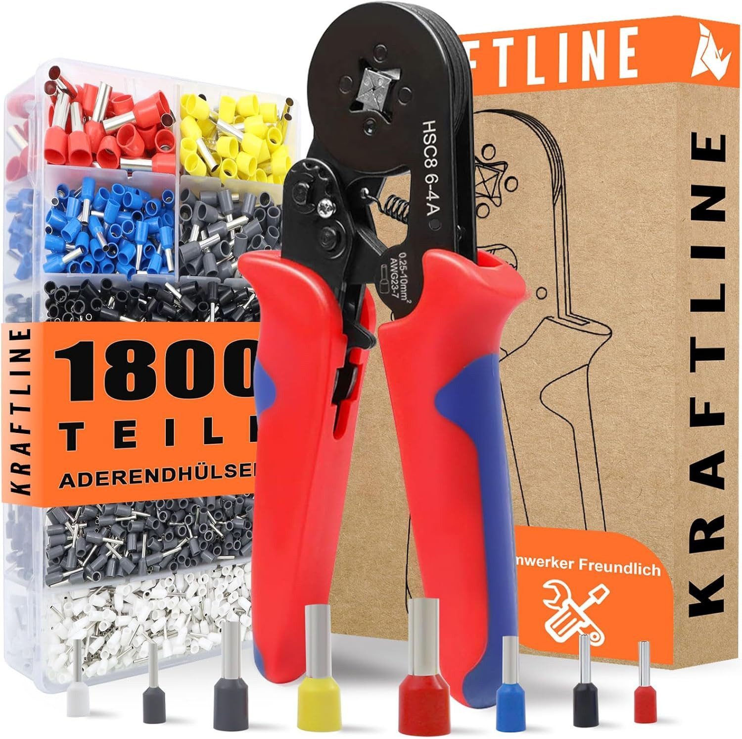 MOPUEA Aderendhülsen Crimpzange Sechskant 1800 Aderendhülsen Set mit Organizer 0,25-10mm, 1801-tlg.