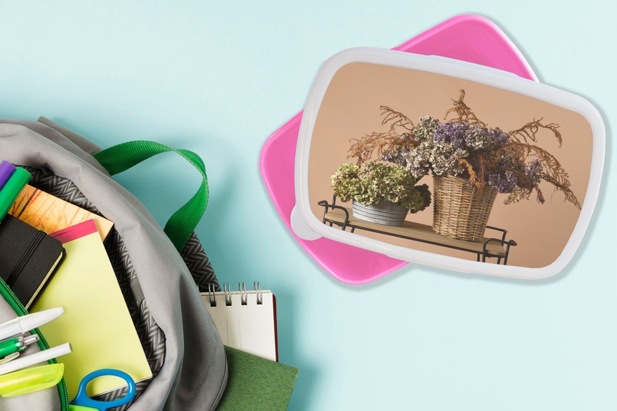 Kunststoff, Brotbox für Stilleben, Erwachsene, Kinder, Brotdose - Blumen Snackbox, - Mädchen, Kunststoff (2-tlg), Getrocknete MuchoWow rosa Körbe Lunchbox