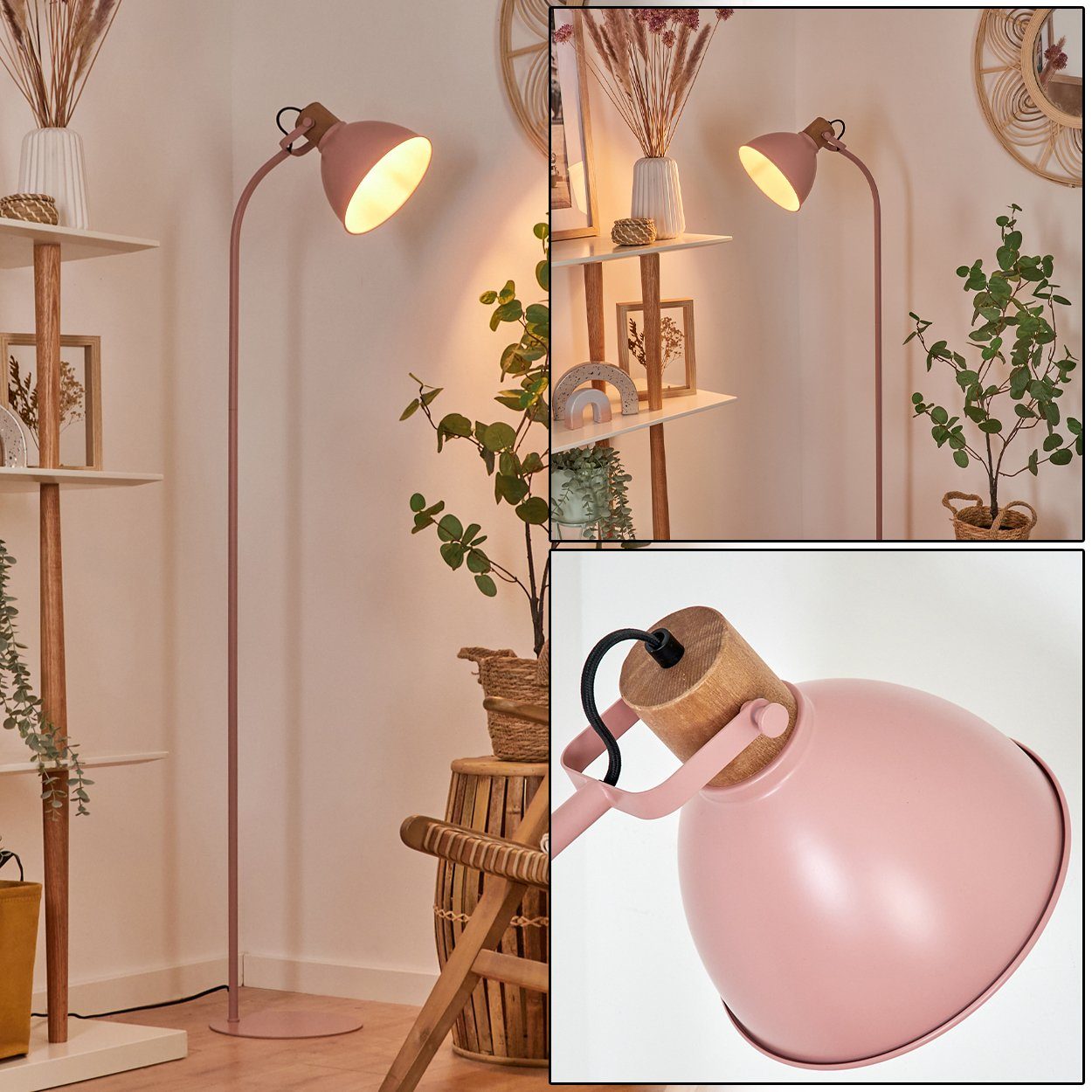 hofstein Stehlampe moderne Stehlampe aus Metall/Holz in Rosa/Natur, ohne  Leuchtmittel, verstellbar mit Schirm (20cm) und Fußschalter, Höhe max.  151cm, 1xE27