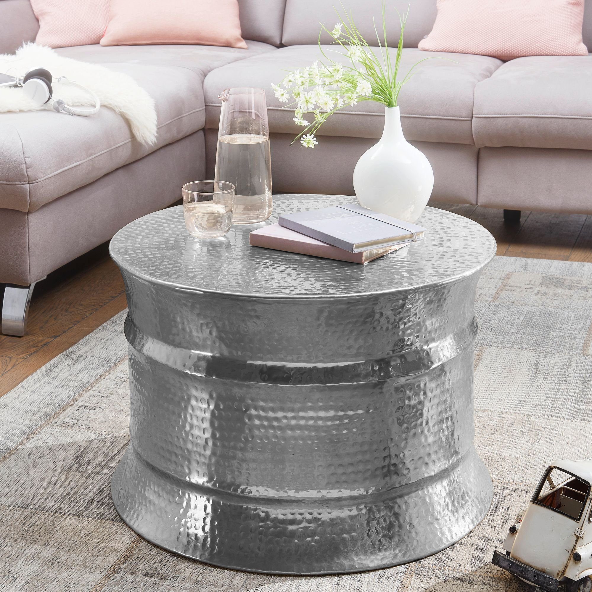 FINEBUY Couchtisch SuVa12237_1 (62x41x62 cm Aluminium Hammerschlag Silber Rund), Kleiner Wohnzimmertisch, Sofatisch Orientalisch Silber | Silber