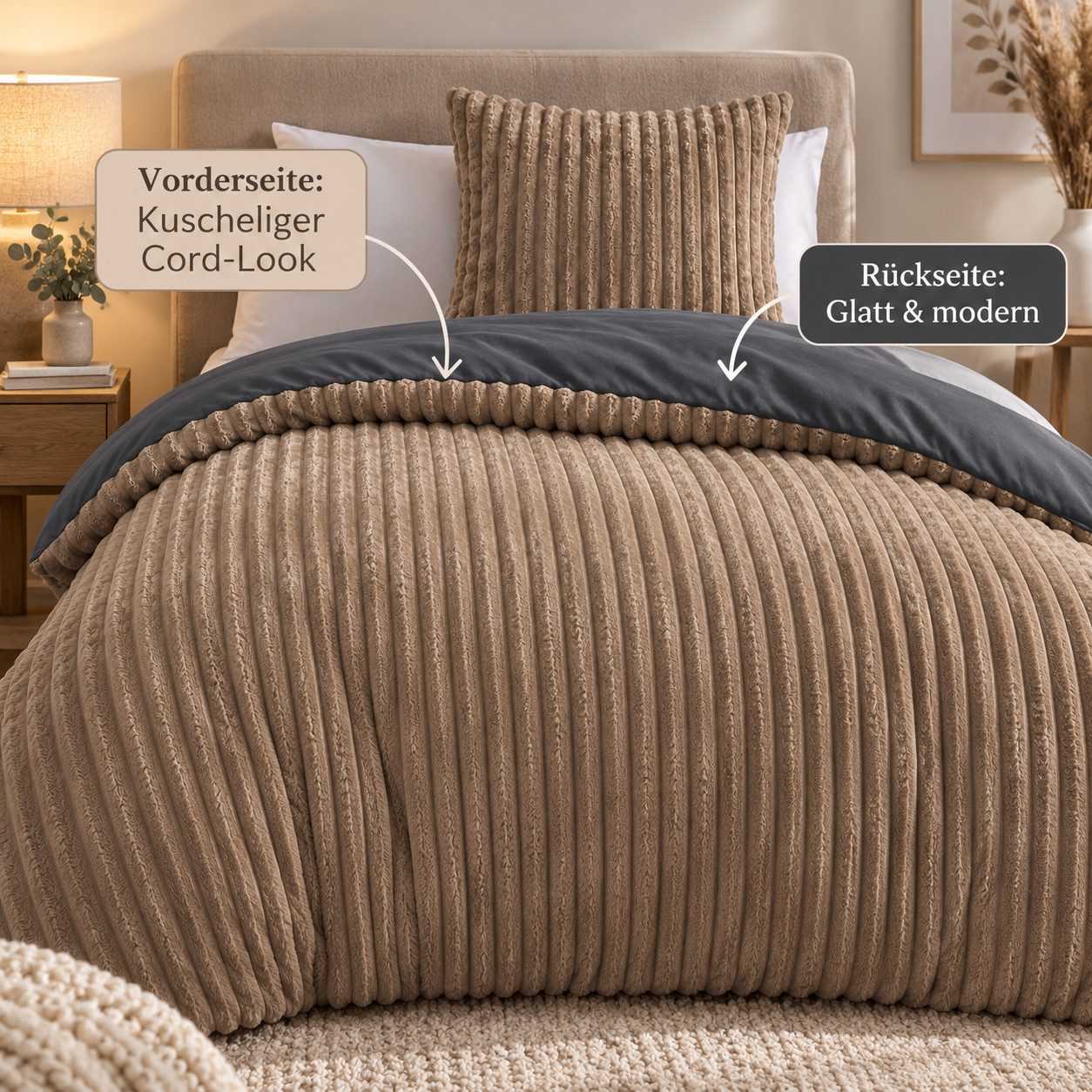 Leonado Vicenti Bettwäsche Teddyplüsch Cord Optik, Fleece, 4 teilig, extra warm und kuschelig, Winterbettwäsche Cashmere Touch – Bild 4 von 5