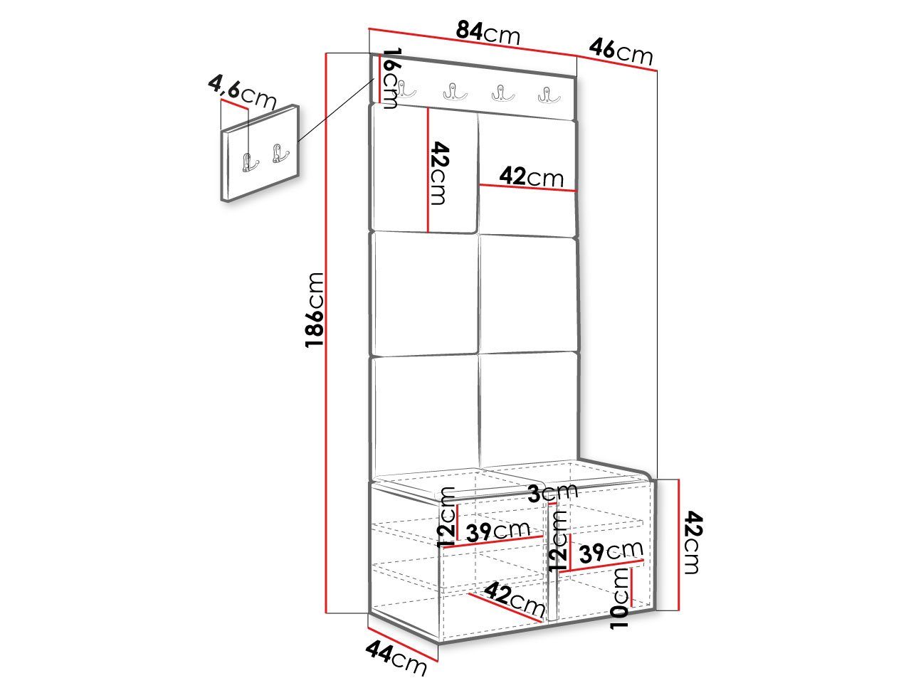 MIRJAN24 Garderoben-Set Orion Ryfel Slim IV, (Schuhschrank, Kleiderhakenbrett, 8x Paneel 42x42), 4 Kleiderhaken für Kleidung, Metallgriffe