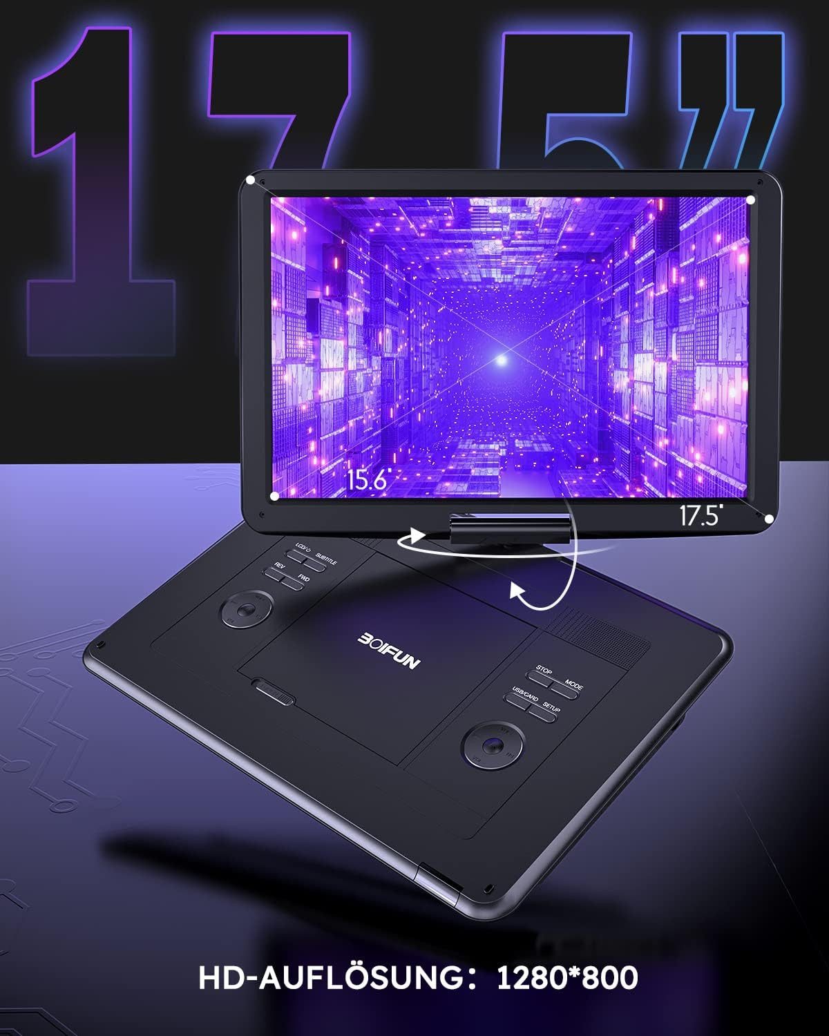 Boifun 17,5 Zoll tragbarer DVD-Player mit 15,6 Zoll HD-Drehbildschirm Portabler DVD-Player (6 Stunden Wiederaufladbare Batterie, Unterstützung für USB/TF-Karte/AV-Übertragung, Sync TV/Projektor Bildschirm, für USB/SD-Karte/AV-Übertragung, Sync TV/Projektor Bildschirm)