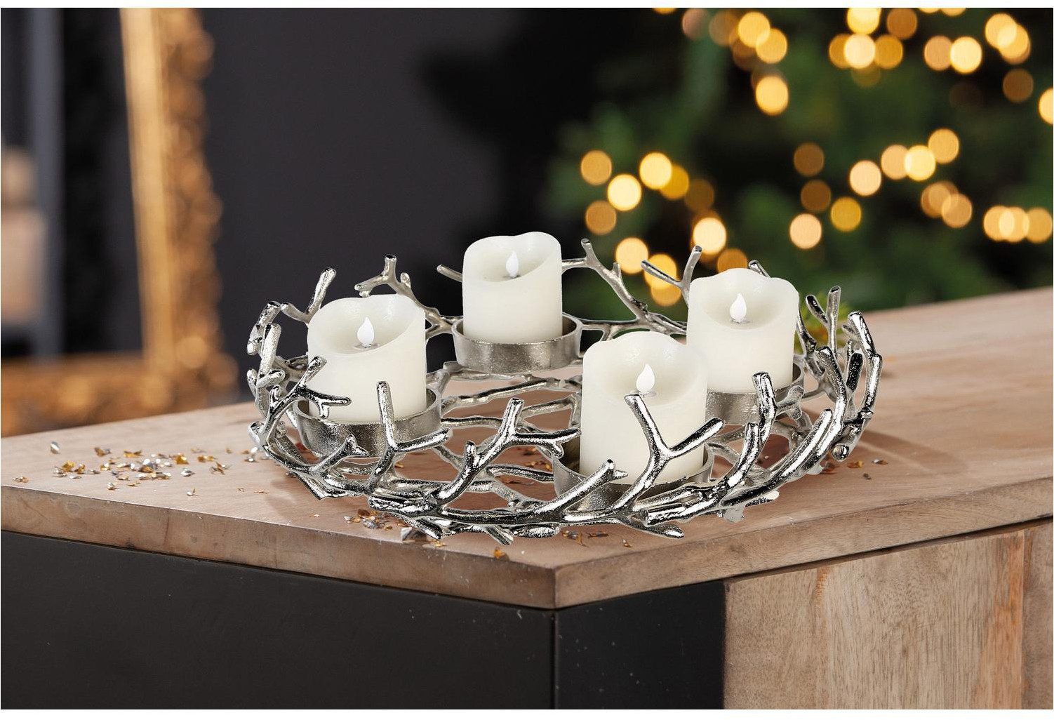 GILDE Kerzenhalter Adventsleuchter rund Twigs silberfarben (1 St), Adventsleuchter Kerzenhalter Äste Zweige Advent festlich Kranz – Bild 2 von 2