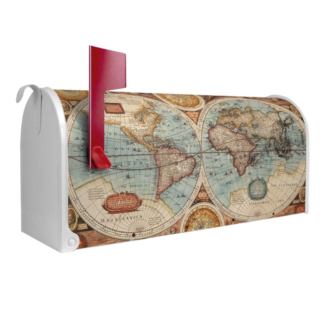 banjado Amerikanischer Briefkasten Mailbox Historische Weltkarte (Amerikanischer Briefkasten, original aus Mississippi USA), 22 x 17 x 51 cm weiß