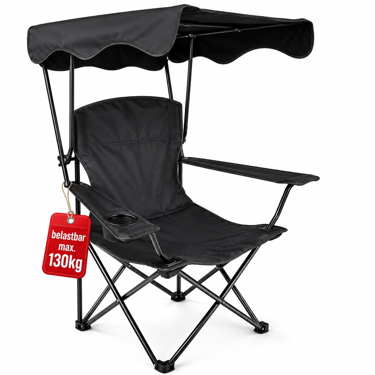 BigDean Faltstuhl Campingstuhl mit Sonnenschutz Schwarz Sonnendach Getränkehalter (Packung, 1 St), Integrierter Sonnenschutz, Faltbar, Tragetasche, Getränkehalter