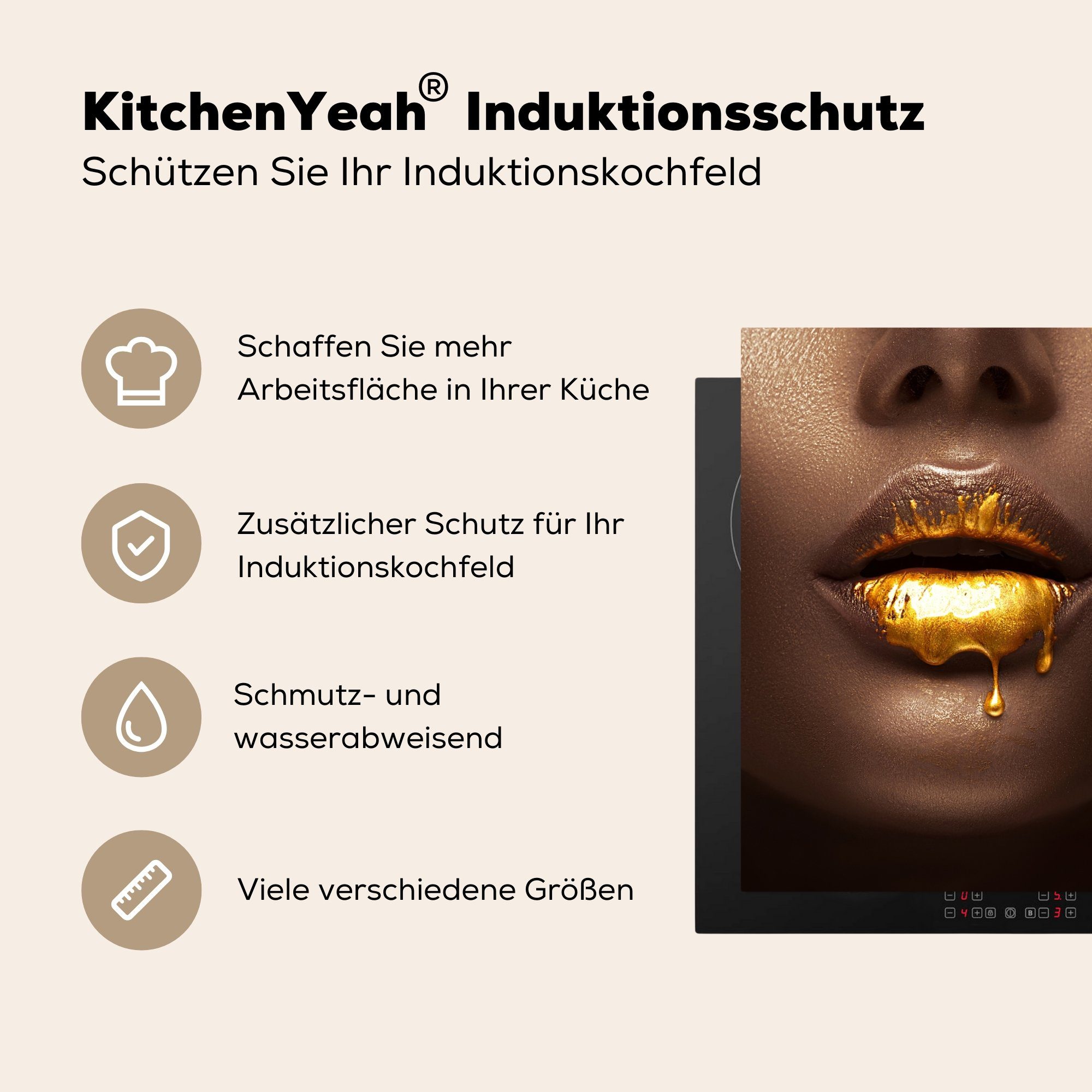 cm, Vinyl, (1 Lippen, Arbeitsplatte Ceranfeldabdeckung, Herdblende-/Abdeckplatte Frau - tlg), 78x78 - für küche MuchoWow Gold