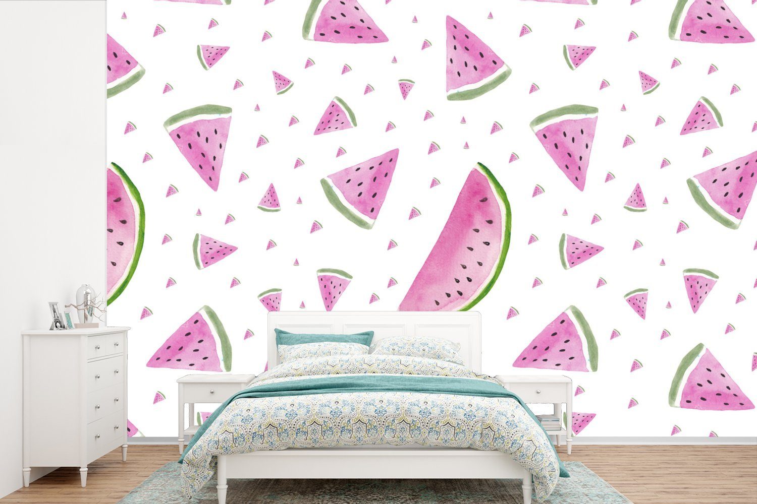 MuchoWow Fototapete Wassermelone - Muster - Pastell, Matt, bedruckt, (6 St), Wallpaper für Wohnzimmer, Schlafzimmer, Kinderzimmer, Vinyl Tapete